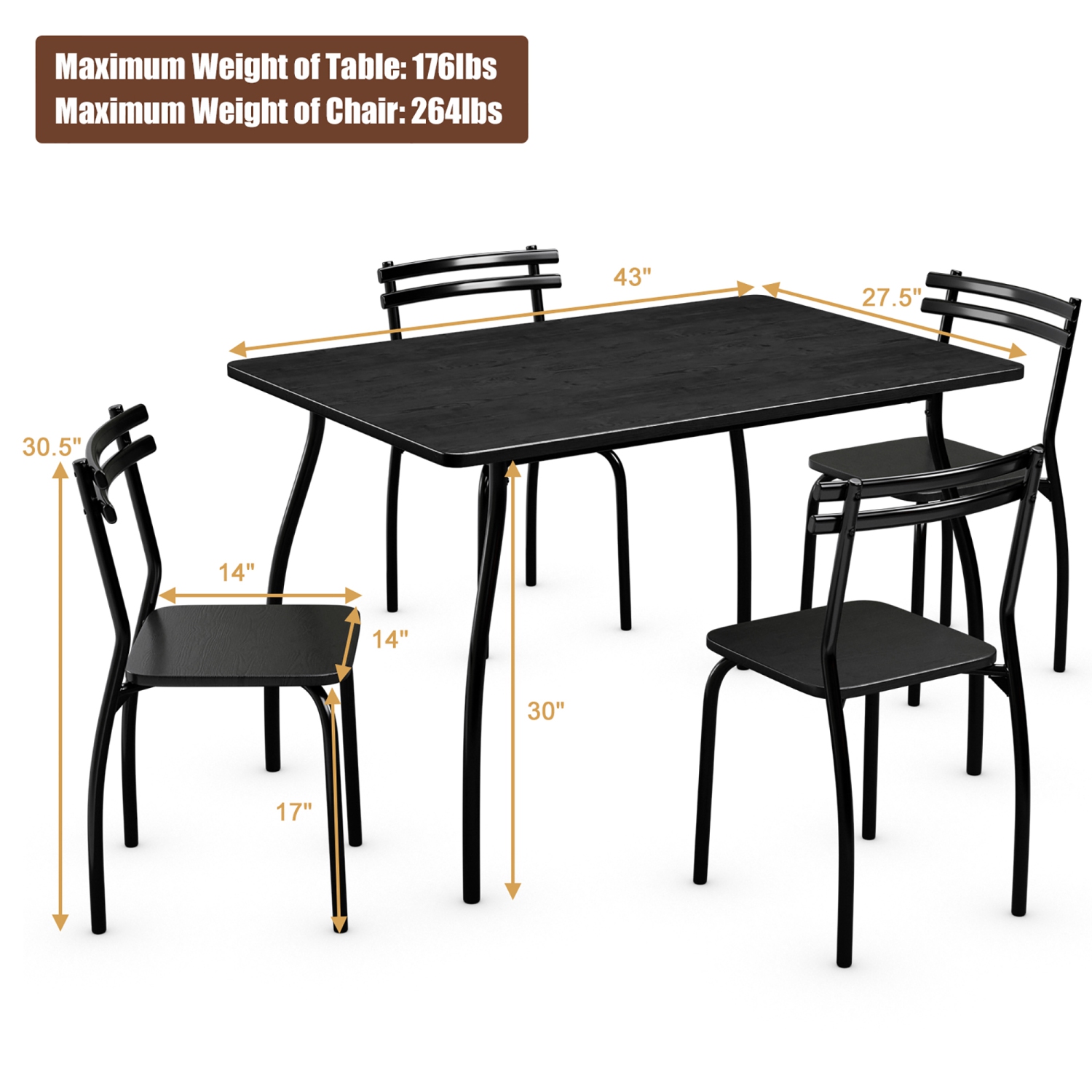 Costway 5 Pcs Dining Set Table And 4 Chairs Home Kitchen Room Breakfast Furniture Black