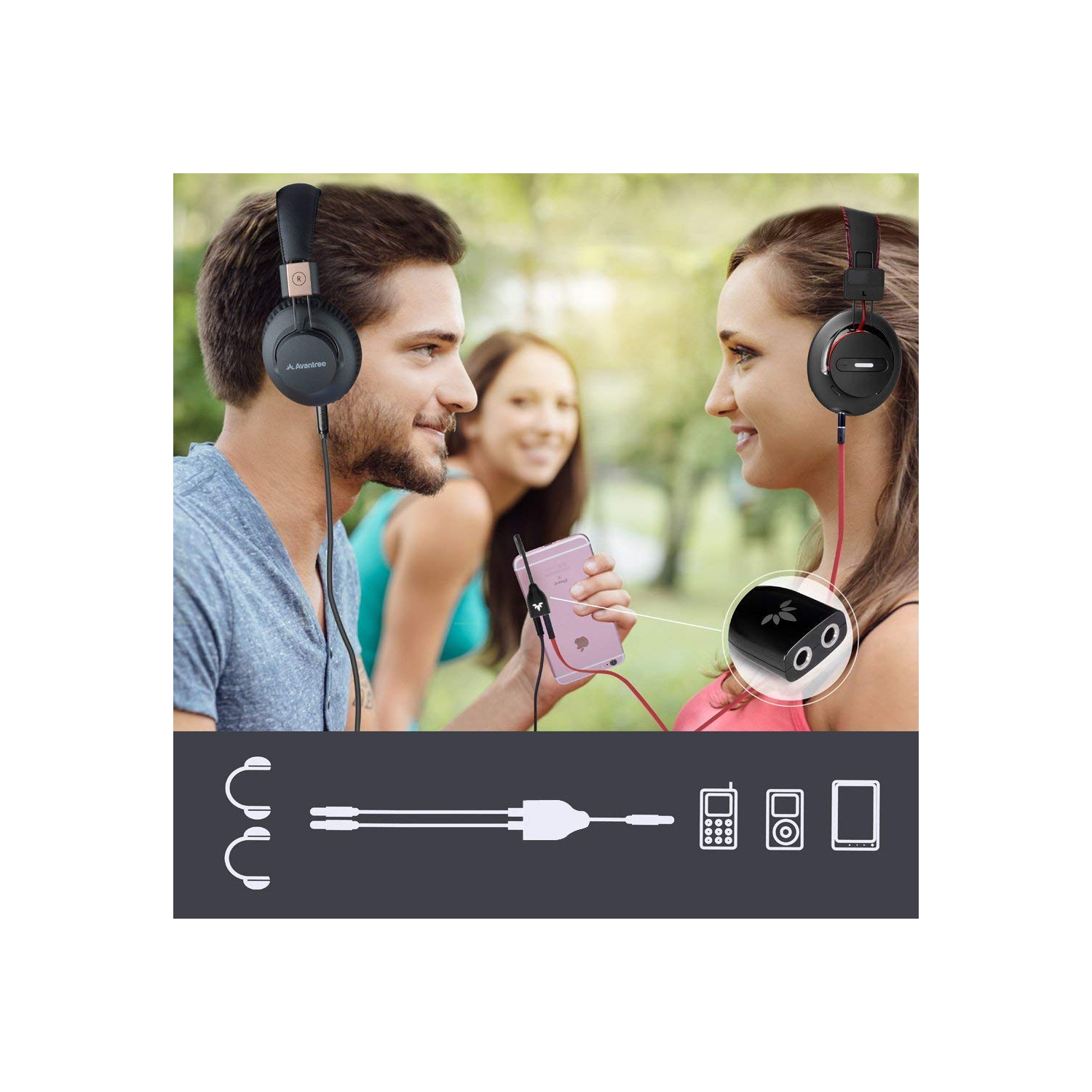 Two Way 3.5mm Dual Headphone Jack Splitter, AUX Stereo Earphone Earbuds Y Audio Spliter Adapter Cable