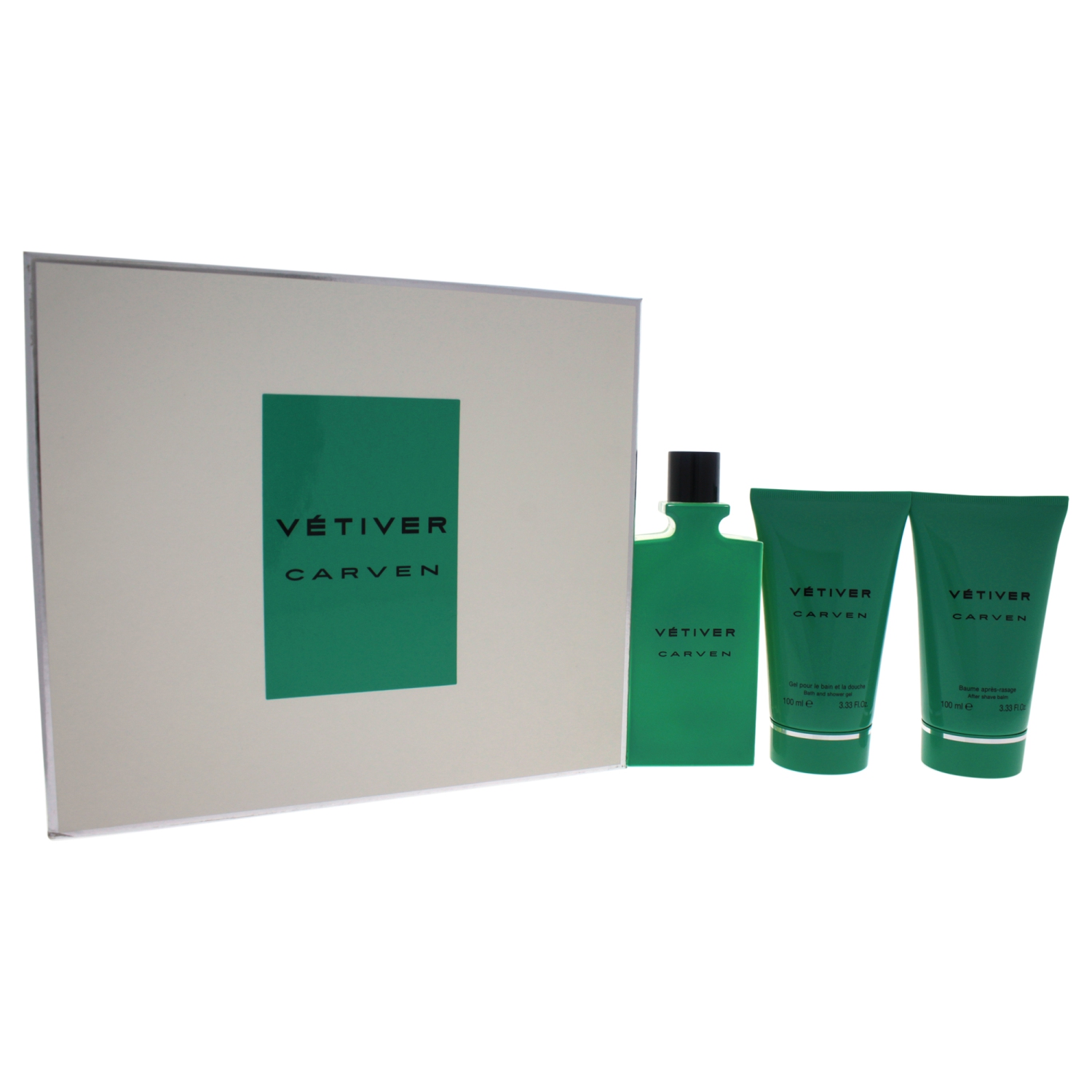 Vétiver de Carven pour hommes - Ensemble-cadeau 3 ml EDT vaporisateur 3,33&nbsp;oz, baume après-rasage 3,33&nbsp;oz, gel douche et bain 3,33&nbsp;oz