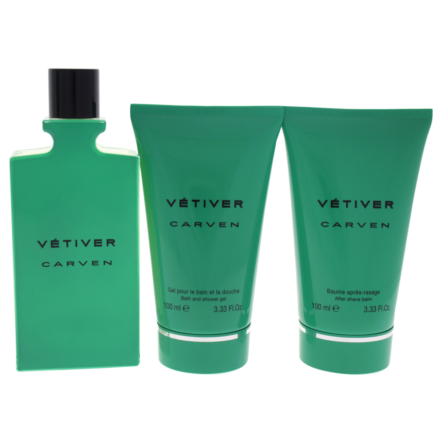 Vétiver de Carven pour hommes - Ensemble-cadeau 3 ml EDT vaporisateur 3,33&nbsp;oz, baume après-rasage 3,33&nbsp;oz, gel douche et bain 3,33&nbsp;oz