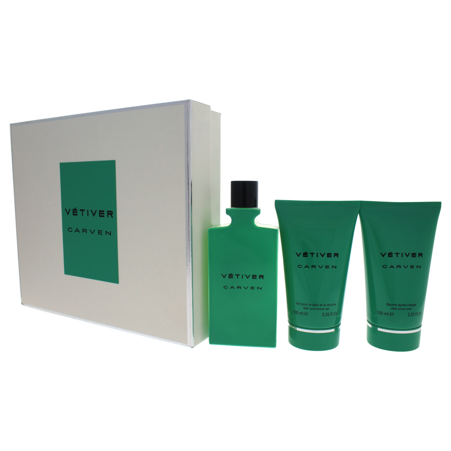 Vétiver de Carven pour hommes - Ensemble-cadeau 3 ml EDT vaporisateur 3,33&nbsp;oz, baume après-rasage 3,33&nbsp;oz, gel douche et bain 3,33&nbsp;oz