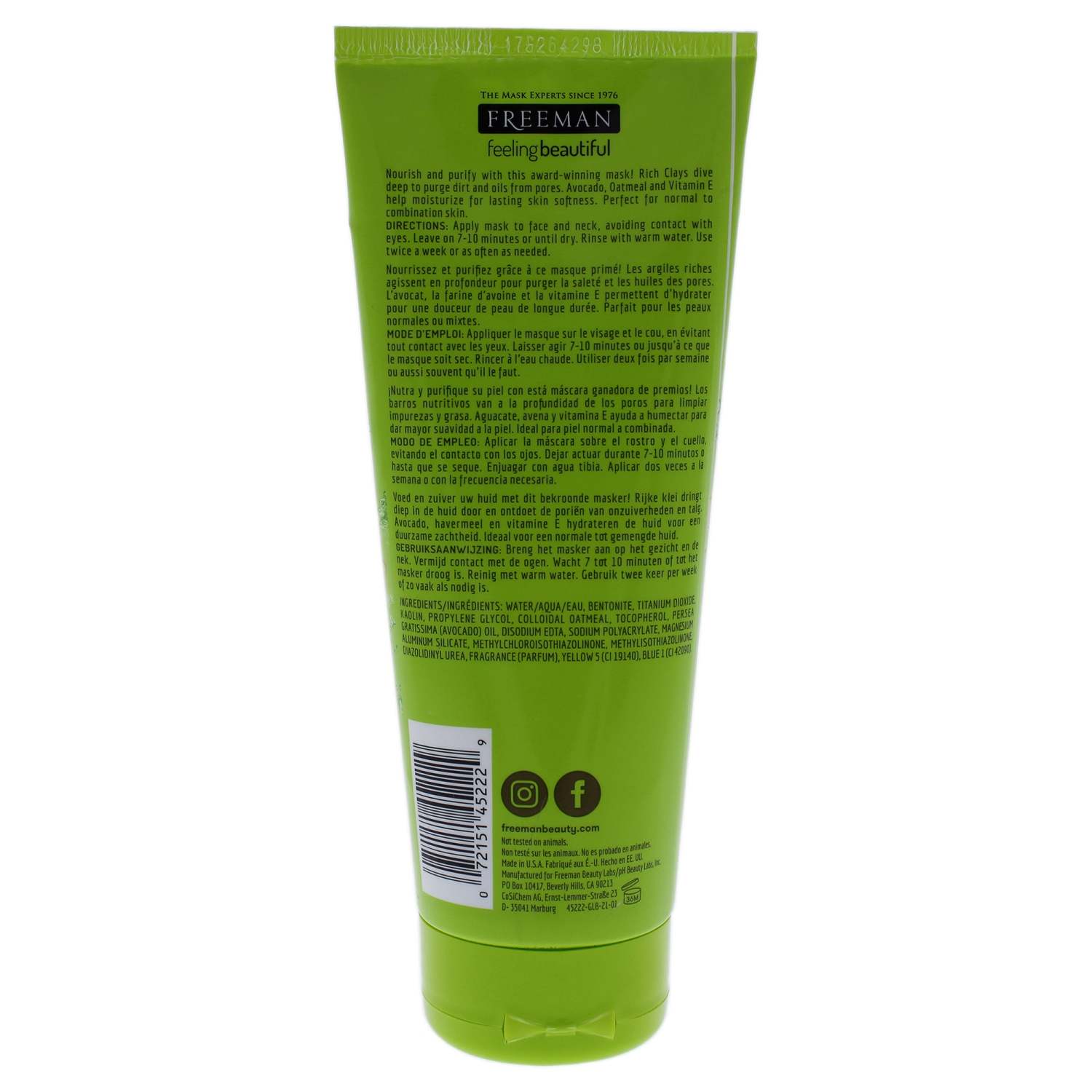 Masque purifiant en argile à l'avocat plus de Freeman pour unisexe - masque 6&nbsp;oz