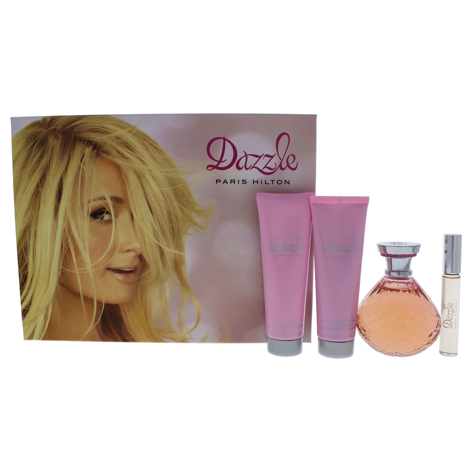 Dazzle by Paris Hilton for Women - 4 Pc Gift Set 4.2oz EDP Spray, 0.34oz EDP Rollerball, 3oz Body Lo