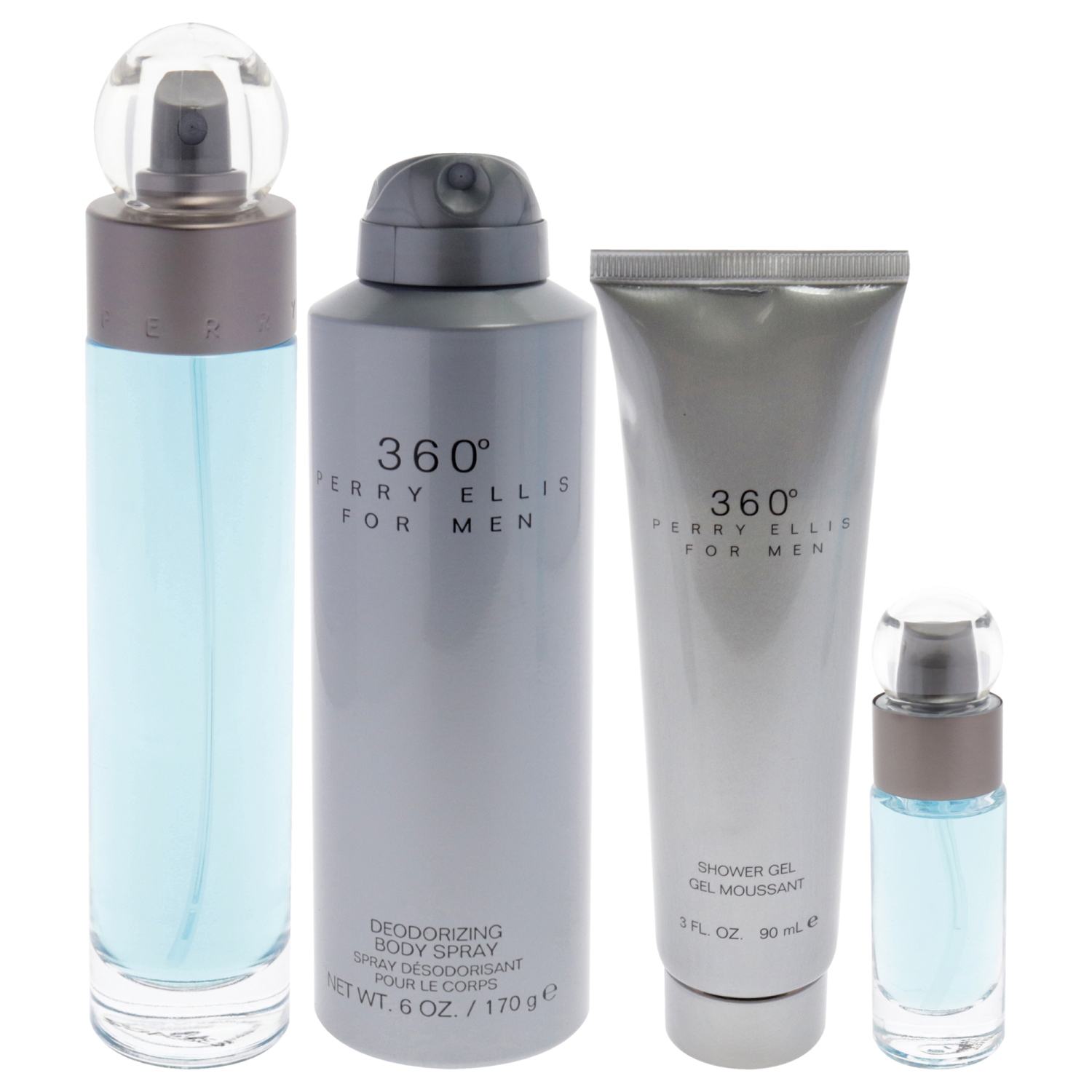 360 par Perry Ellis pour hommes - Ensemble cadeau 4 PC vaporisateur EDT 3,4&nbsp;oz, vaporisateur désodorisant pour le corps 6&nbsp;oz, gel douche