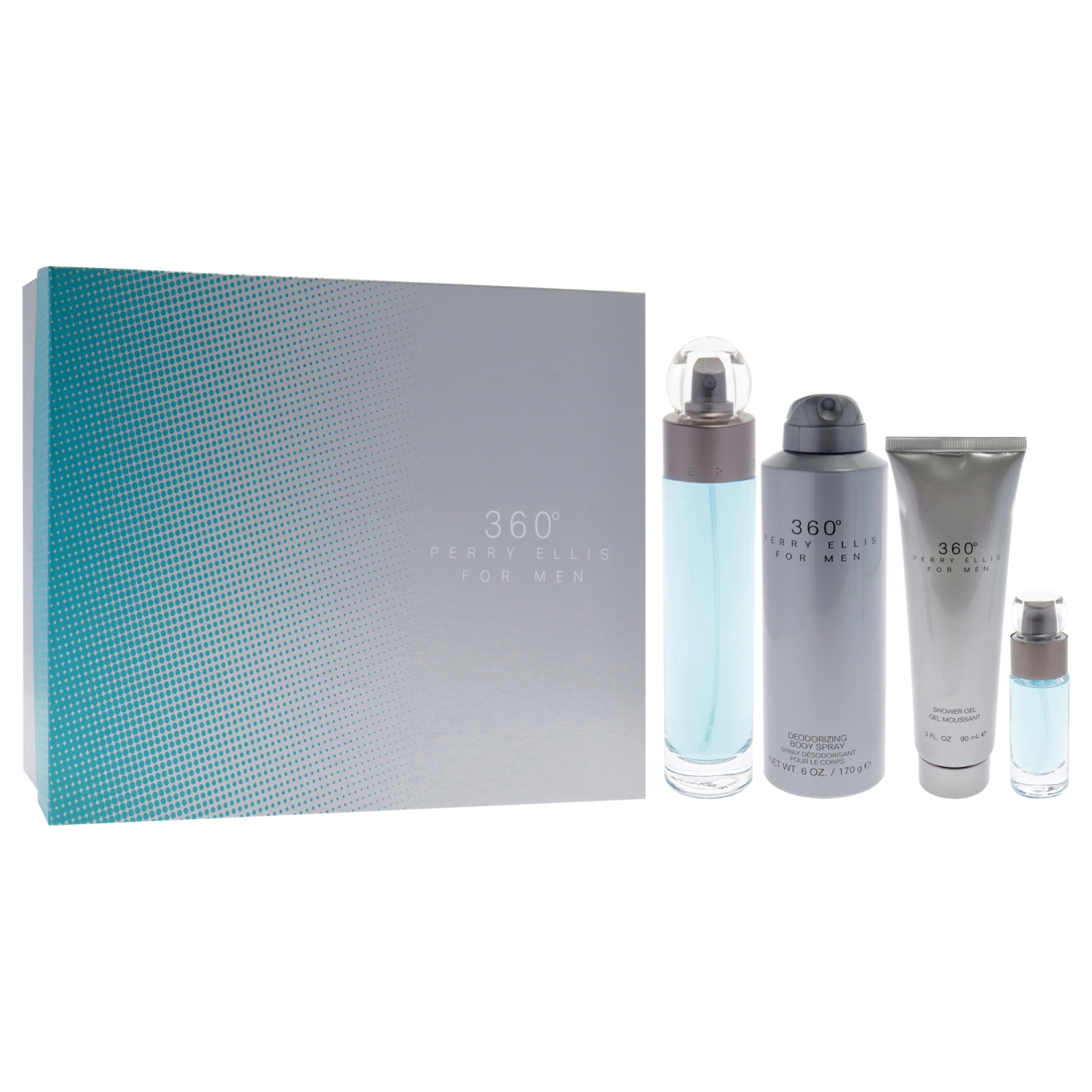 360 par Perry Ellis pour hommes - Ensemble cadeau 4 PC vaporisateur EDT 3,4&nbsp;oz, vaporisateur désodorisant pour le corps 6&nbsp;oz, gel douche