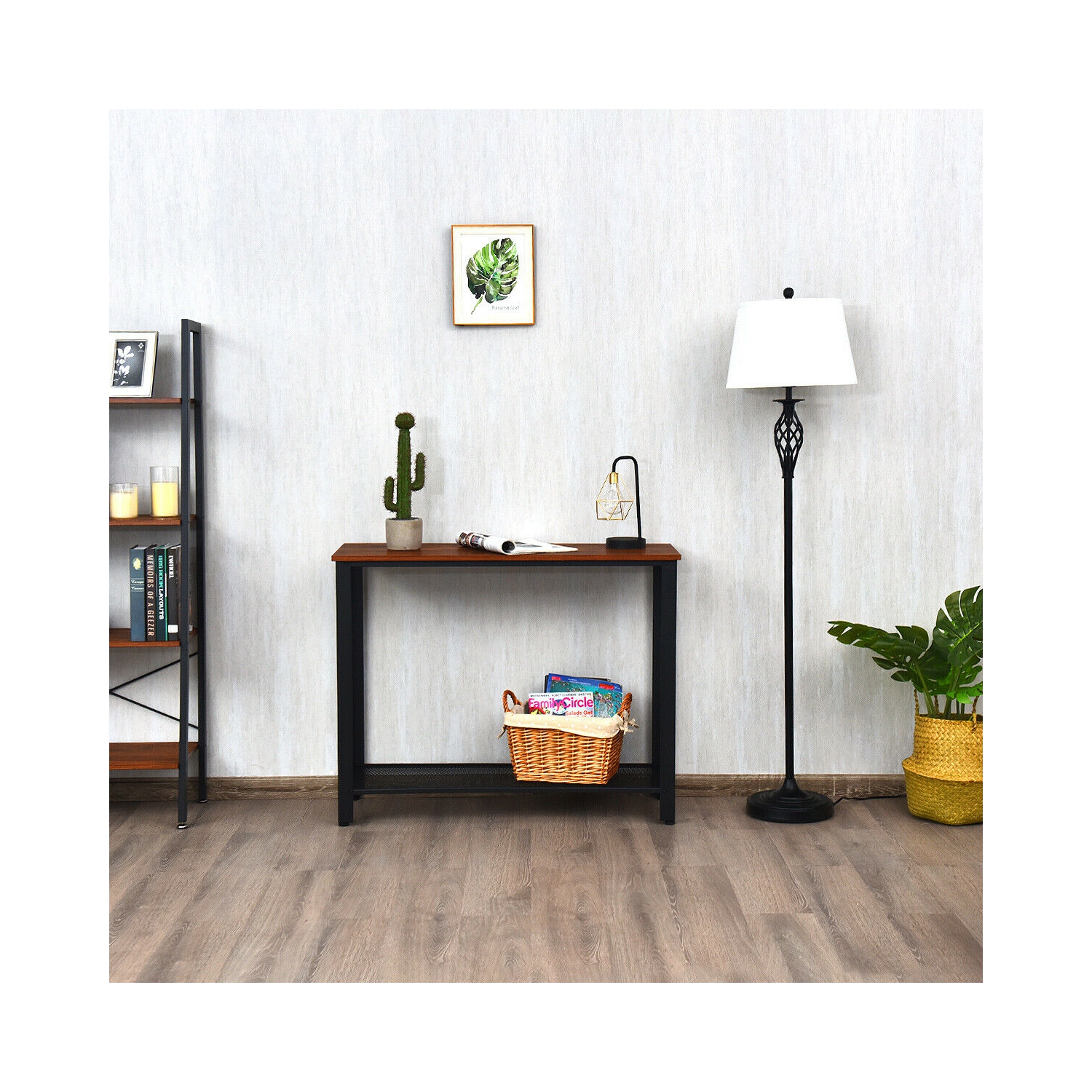 Table de Console,Table d’Entrée,Table d’Appoint Vintage en Bois+Métal avec 2 Couches de Rangement,4 Pieds Réglables Anti-Rayures pour