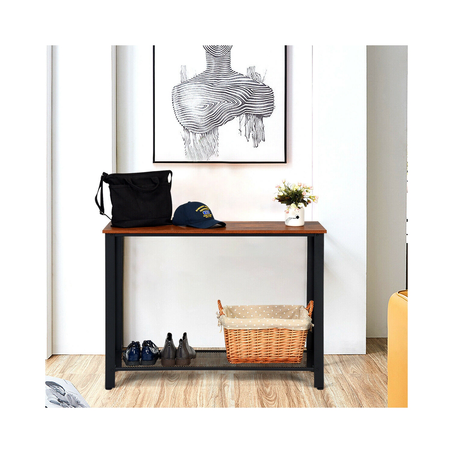 Table de Console,Table d’Entrée,Table d’Appoint Vintage en Bois+Métal avec 2 Couches de Rangement,4 Pieds Réglables Anti-Rayures pour