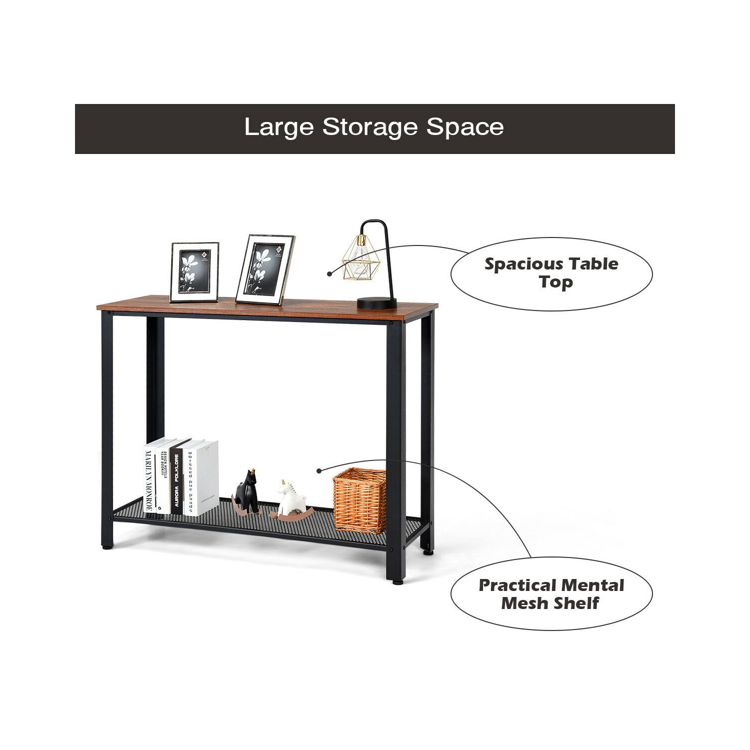 Table de Console,Table d’Entrée,Table d’Appoint Vintage en Bois+Métal avec 2 Couches de Rangement,4 Pieds Réglables Anti-Rayures pour