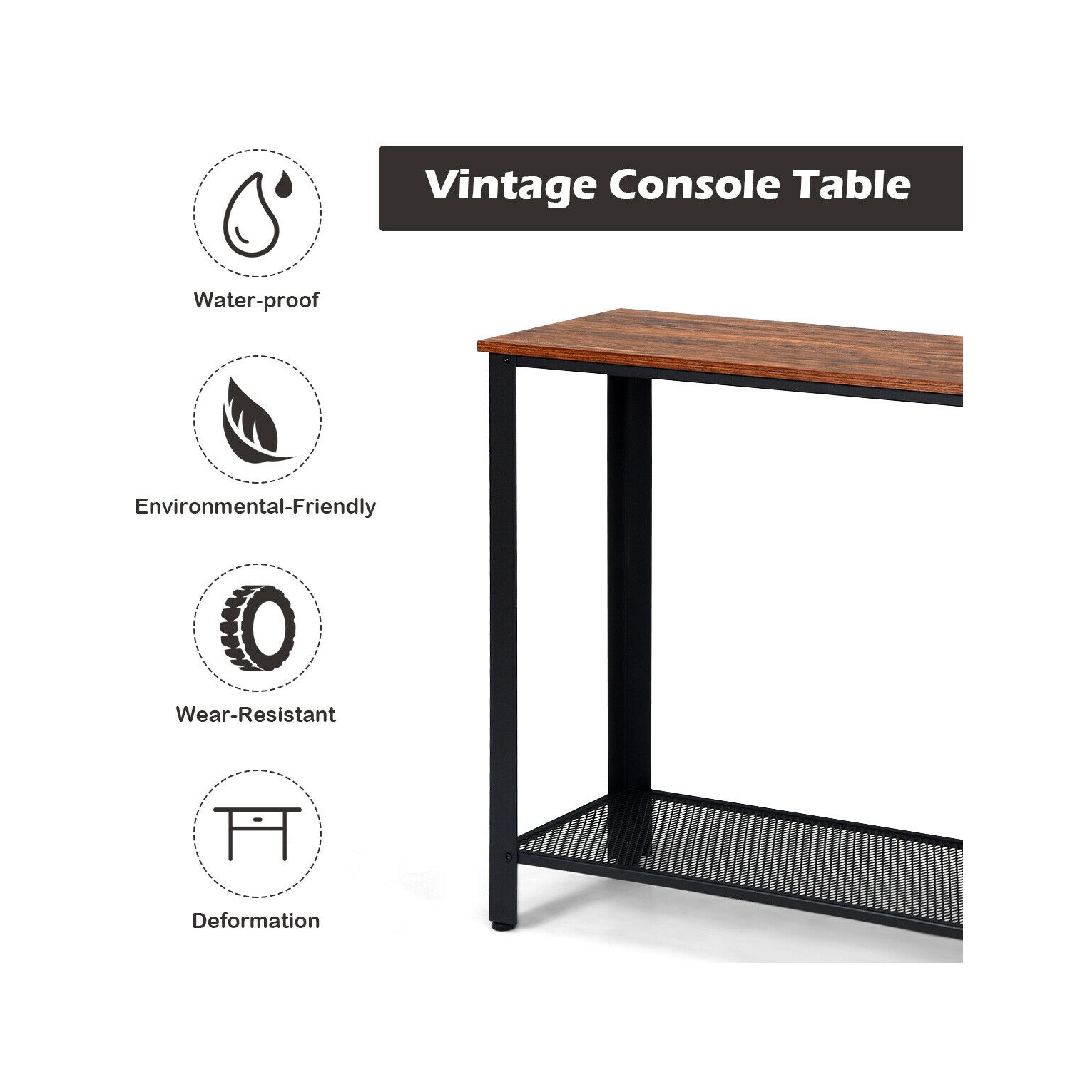 Table de Console,Table d’Entrée,Table d’Appoint Vintage en Bois+Métal avec 2 Couches de Rangement,4 Pieds Réglables Anti-Rayures pour