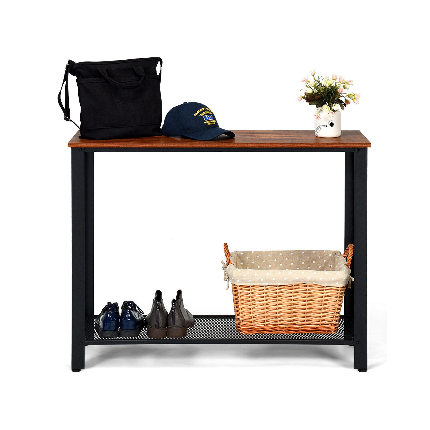 Table de Console,Table d’Entrée,Table d’Appoint Vintage en Bois+Métal avec 2 Couches de Rangement,4 Pieds Réglables Anti-Rayures pour