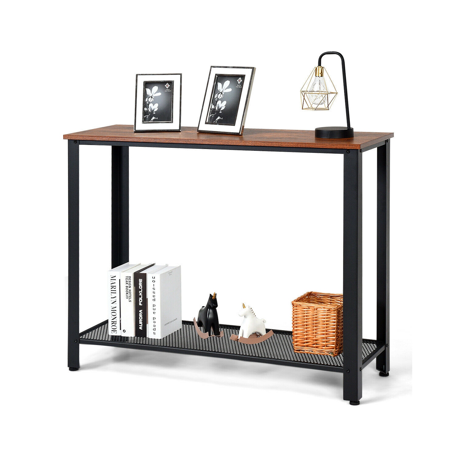 Table de Console,Table d’Entrée,Table d’Appoint Vintage en Bois+Métal avec 2 Couches de Rangement,4 Pieds Réglables Anti-Rayures pour