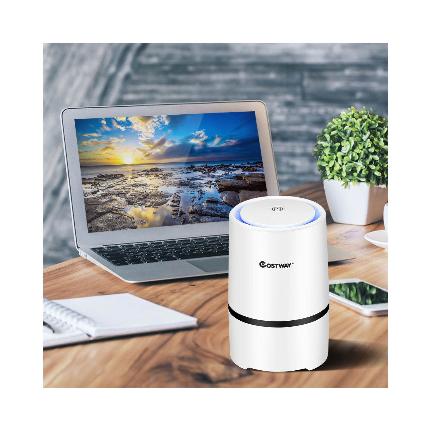 Ce mini purificateur d’air ionique avec filtre HEPA composite 3-en-1 de Costway, USB