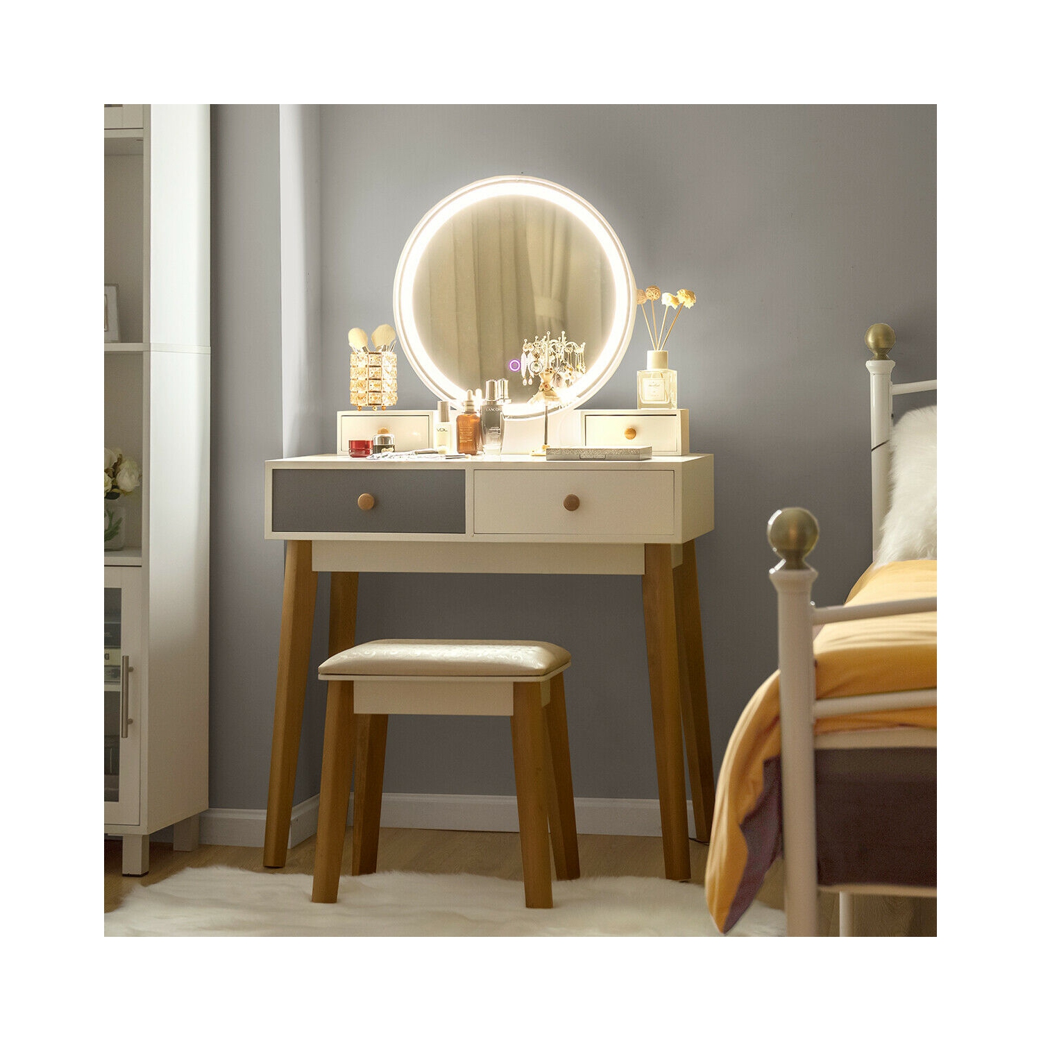 Costway Vanity Table Set 3 Color Lighting Modes MakeUp Table & Stool Set Jewelry Divider