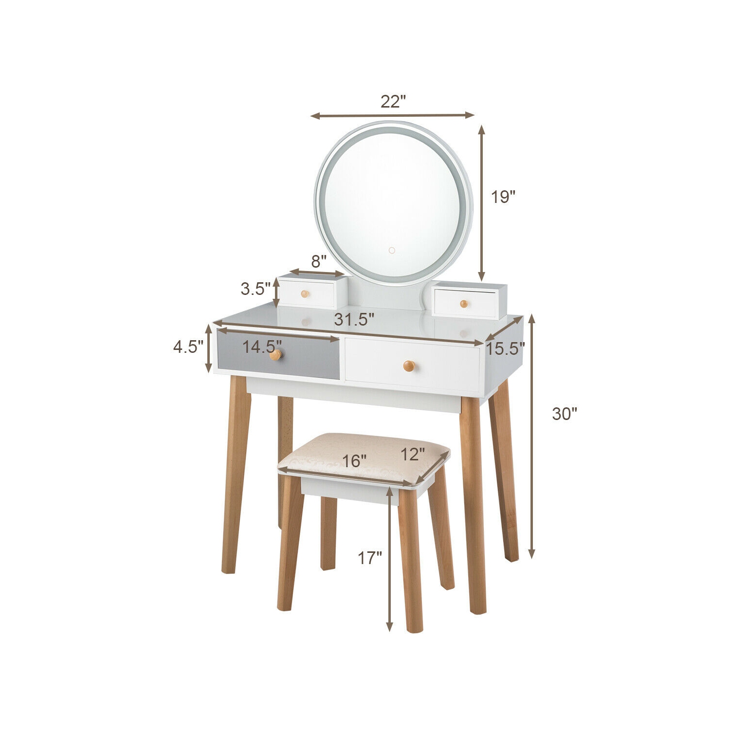 Costway Vanity Table Set 3 Color Lighting Modes MakeUp Table & Stool Set Jewelry Divider