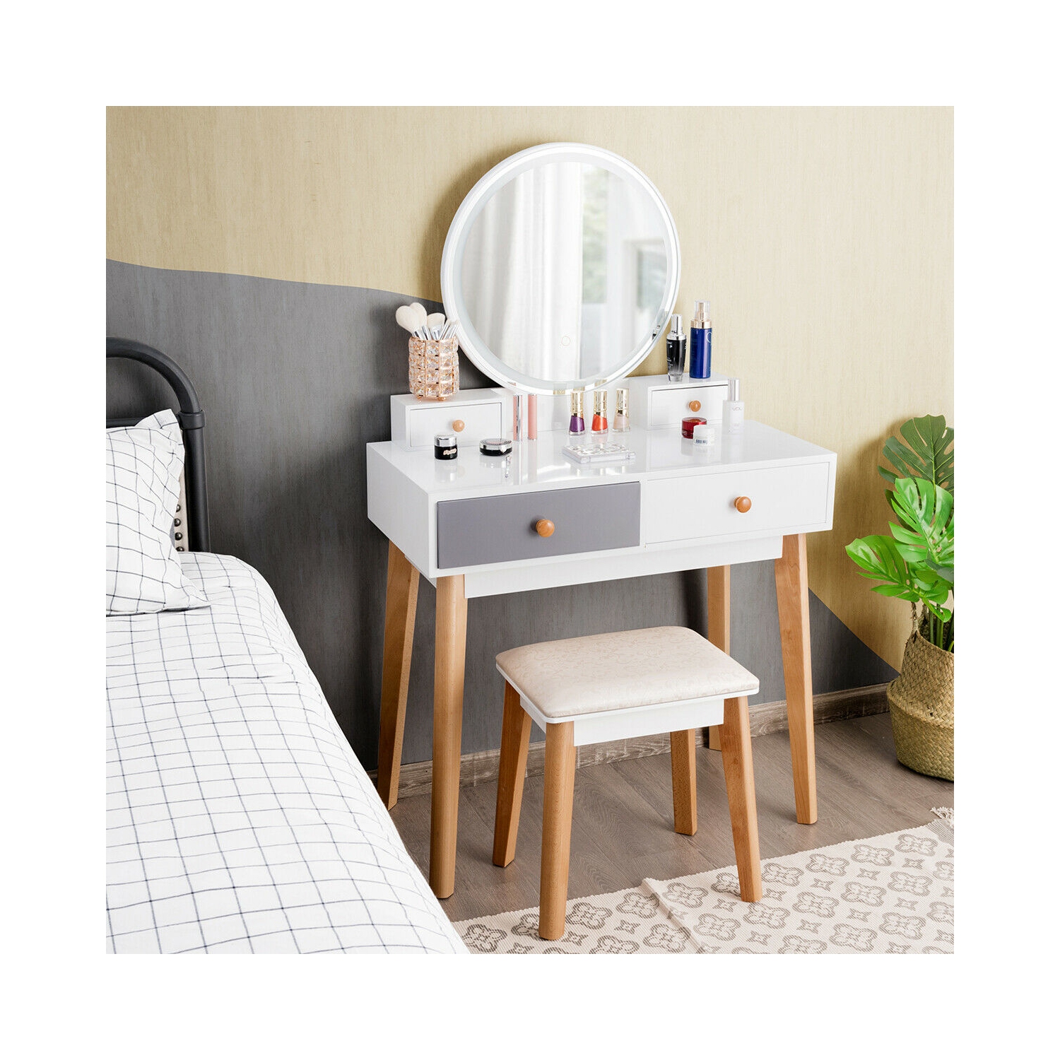 Costway Vanity Table Set 3 Color Lighting Modes MakeUp Table & Stool Set Jewelry Divider