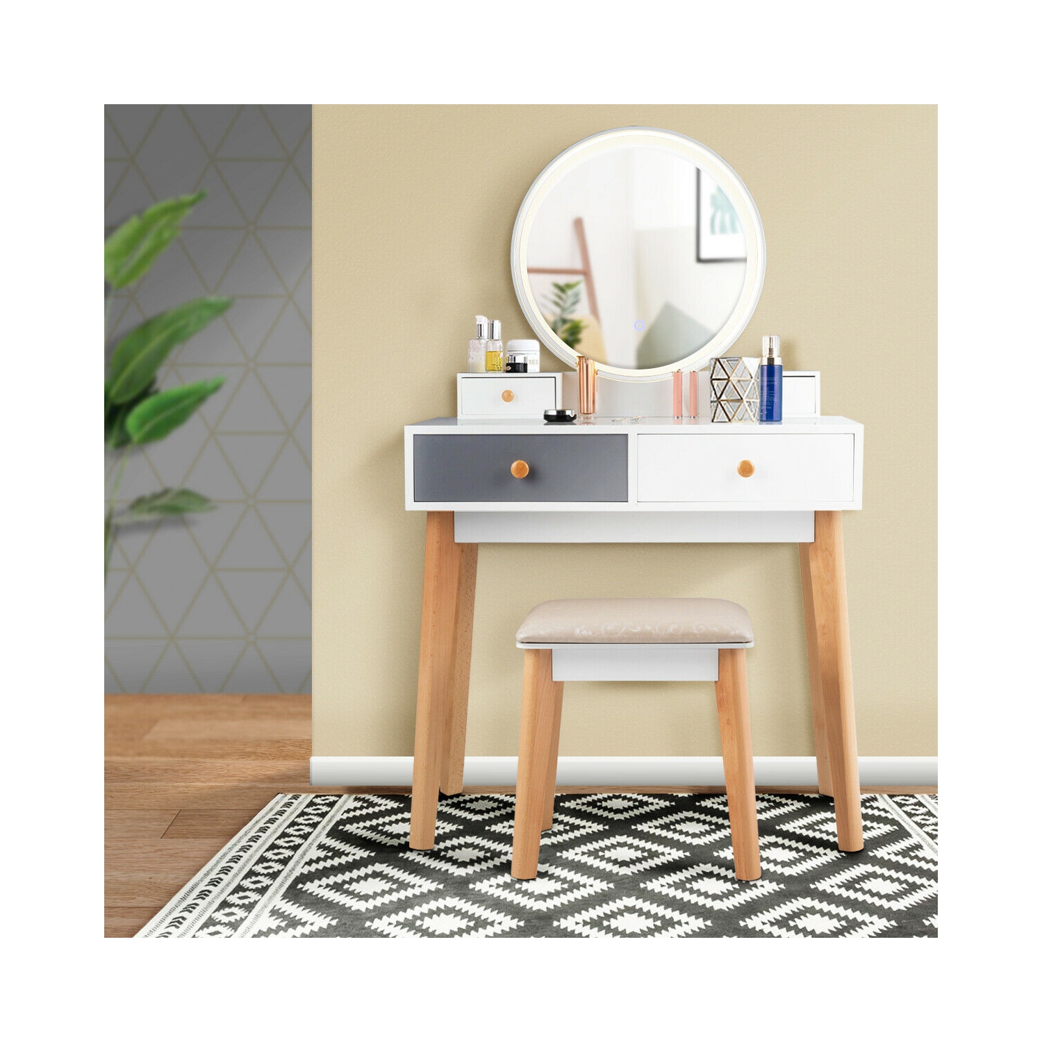 Costway Vanity Table Set 3 Color Lighting Modes MakeUp Table & Stool Set Jewelry Divider