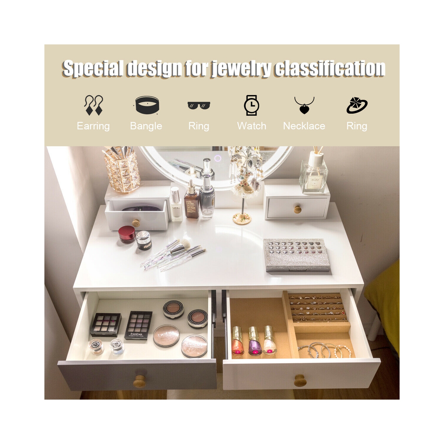 Costway Vanity Table Set 3 Color Lighting Modes MakeUp Table & Stool Set Jewelry Divider