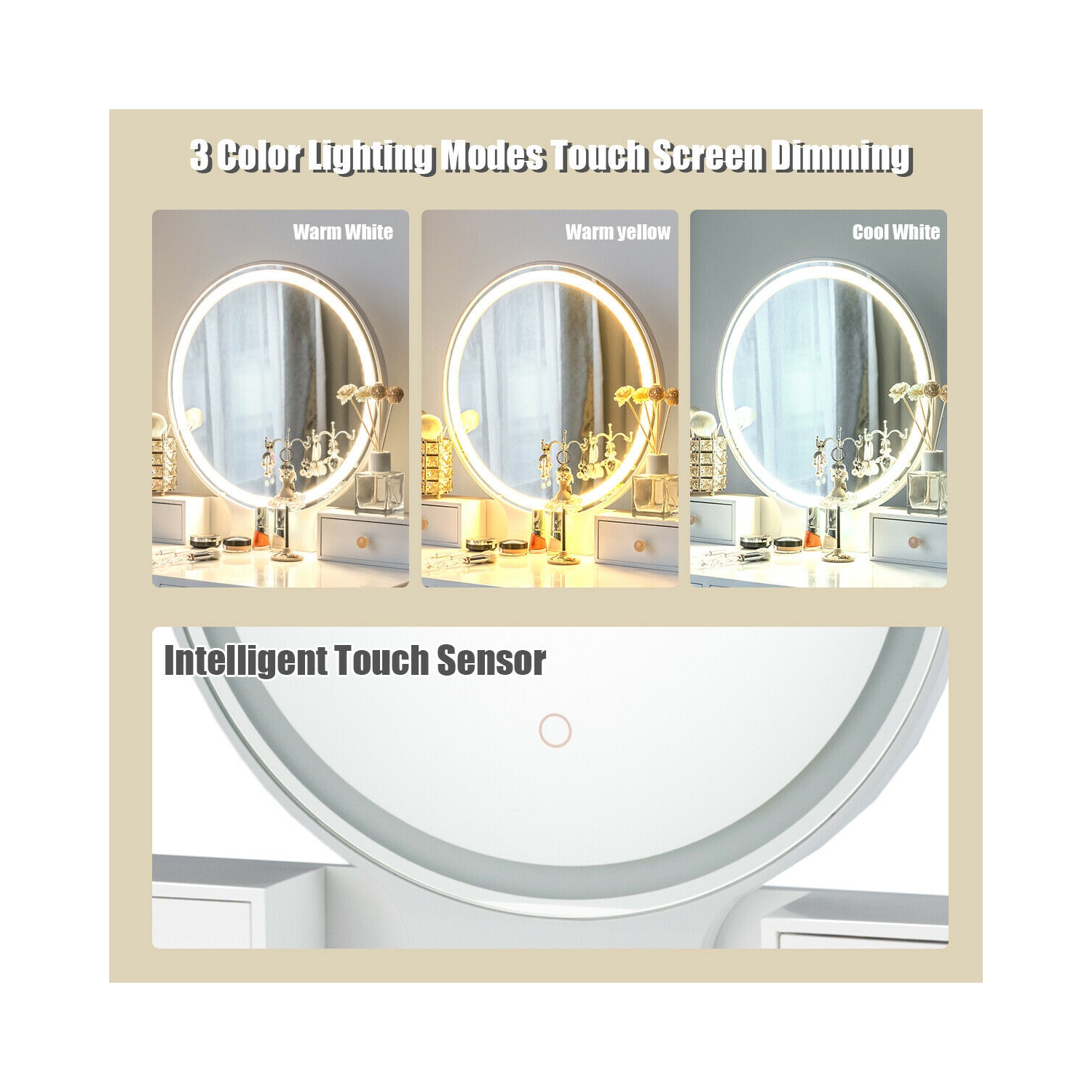 Costway Vanity Table Set 3 Color Lighting Modes MakeUp Table & Stool Set Jewelry Divider