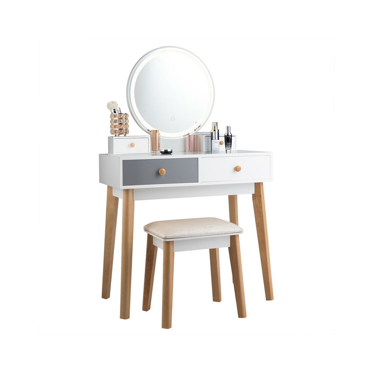 Costway Vanity Table Set 3 Color Lighting Modes MakeUp Table & Stool Set Jewelry Divider