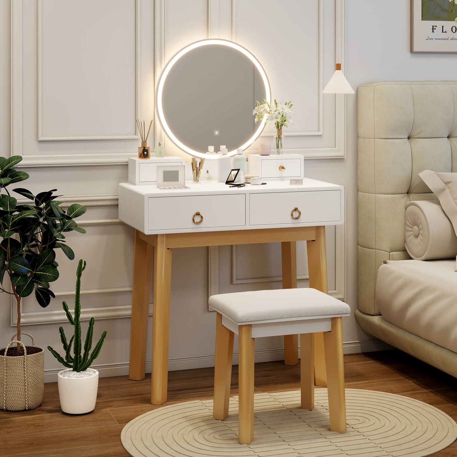 Costway Vanity Set with LED Lighted Mirror Round Mirror & Soft Cushioned Stool 4 Drawers