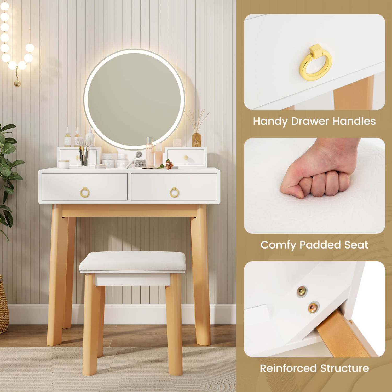 Costway Vanity Set with LED Lighted Mirror Round Mirror & Soft Cushioned Stool 4 Drawers
