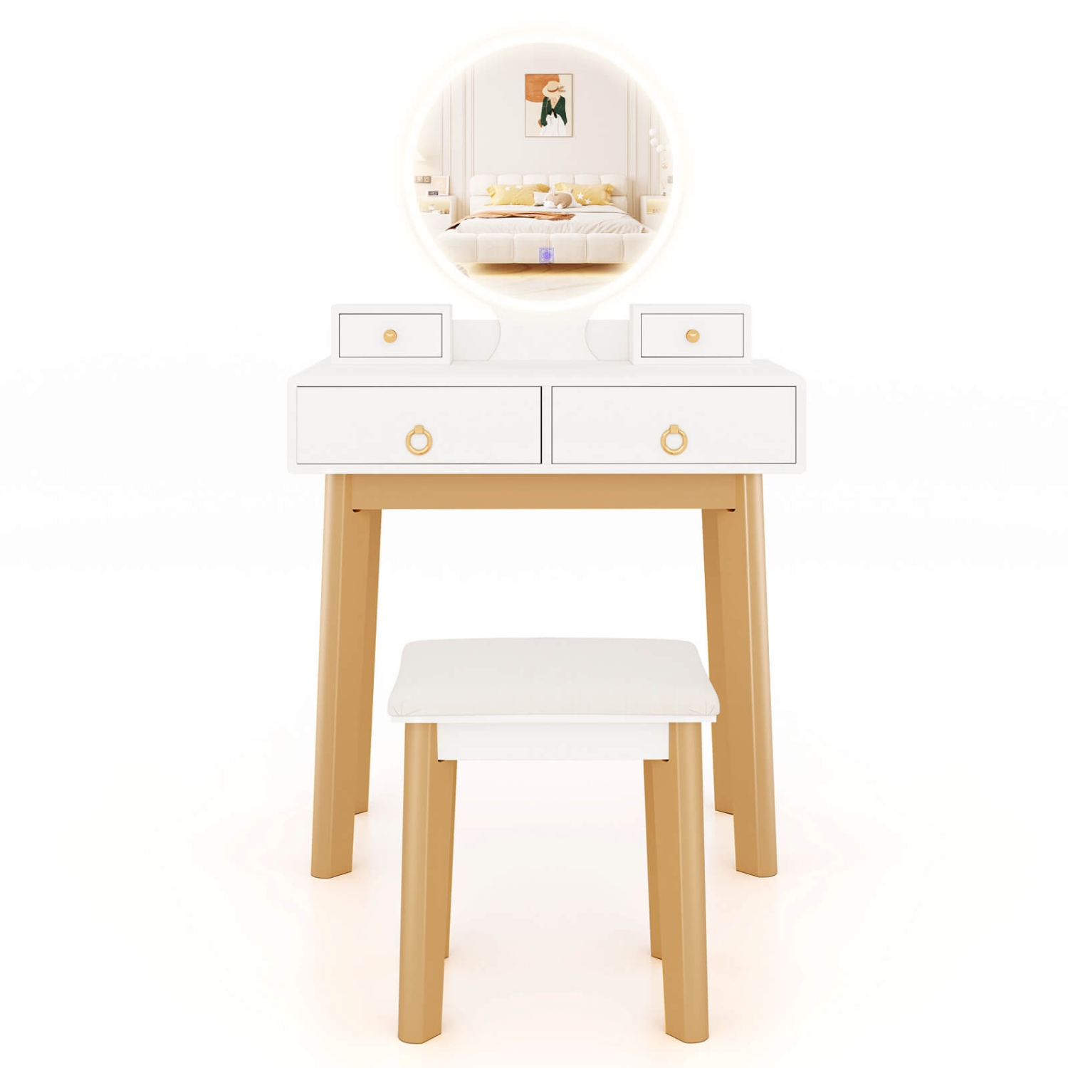 Costway Vanity Set with LED Lighted Mirror Round Mirror & Soft Cushioned Stool 4 Drawers