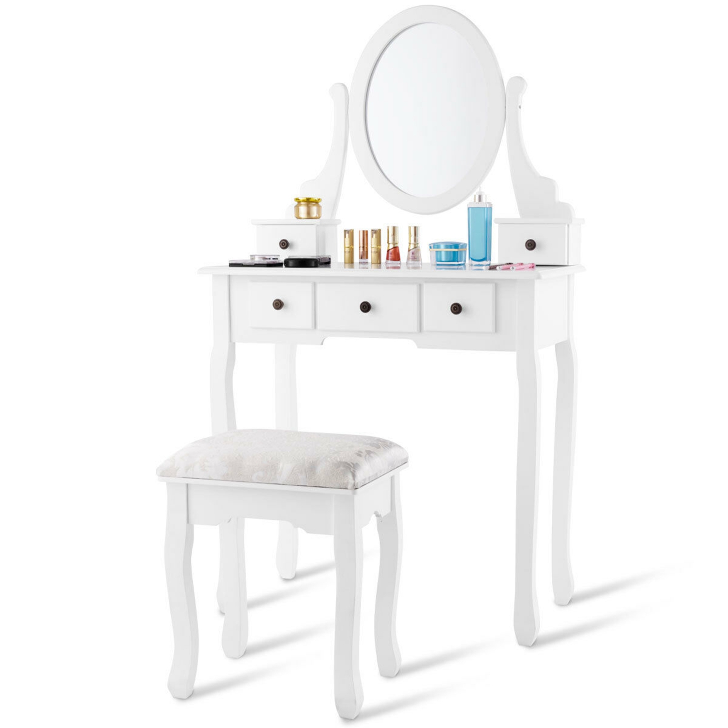 Bureau de maquillage Vanité Coiffeuse Ensemble avec tabouret miroir ovale 5 tiroirs de rangement