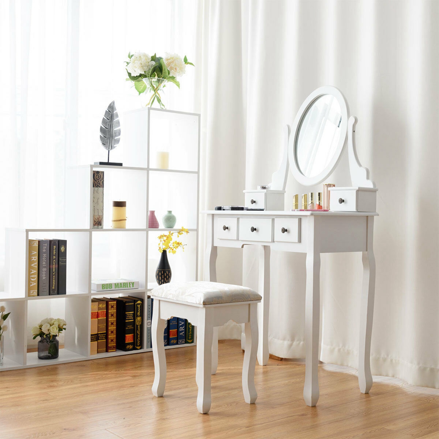 Bureau de maquillage Vanité Coiffeuse Ensemble avec tabouret miroir ovale 5 tiroirs de rangement