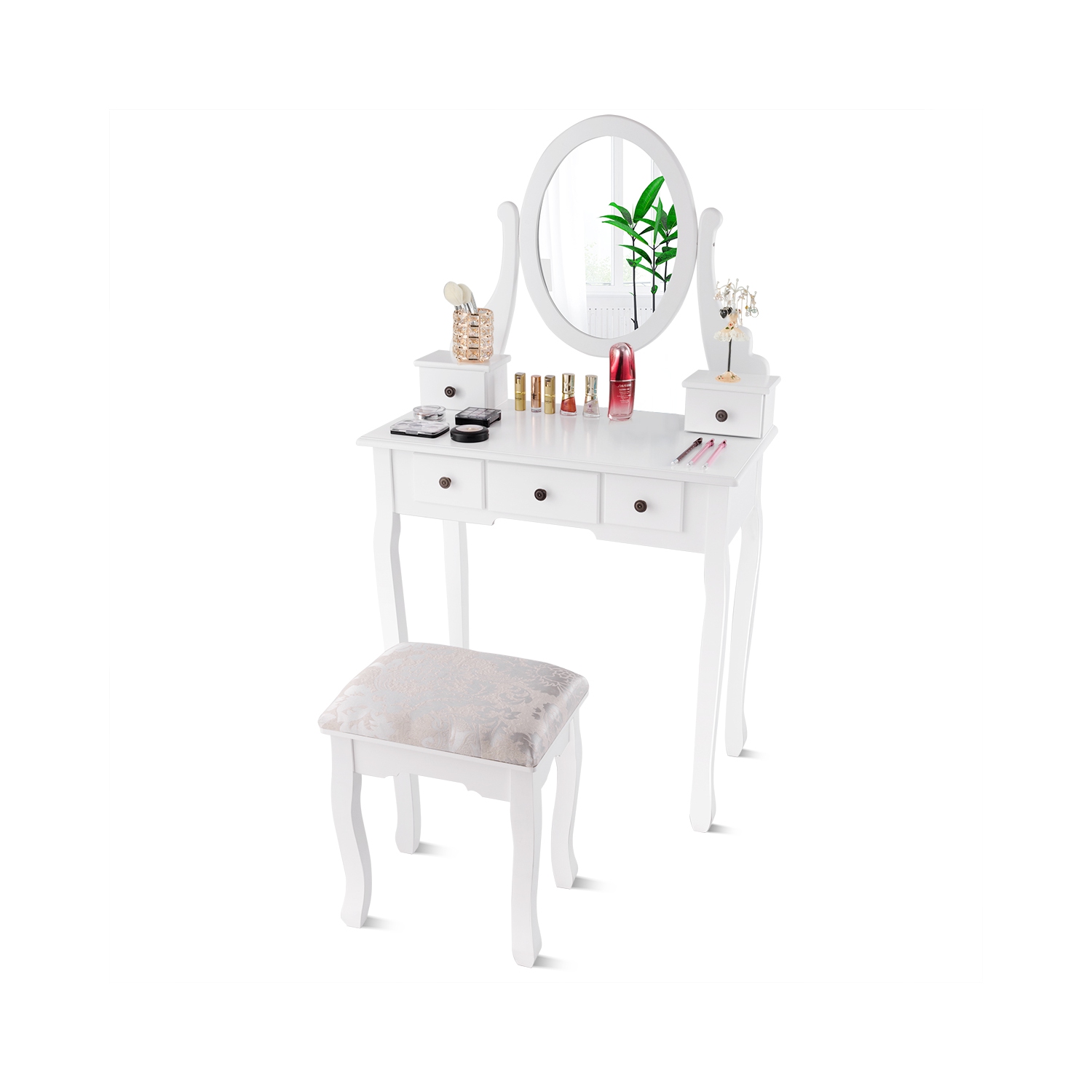 Bureau de maquillage Vanité Coiffeuse Ensemble avec tabouret miroir ovale 5 tiroirs de rangement