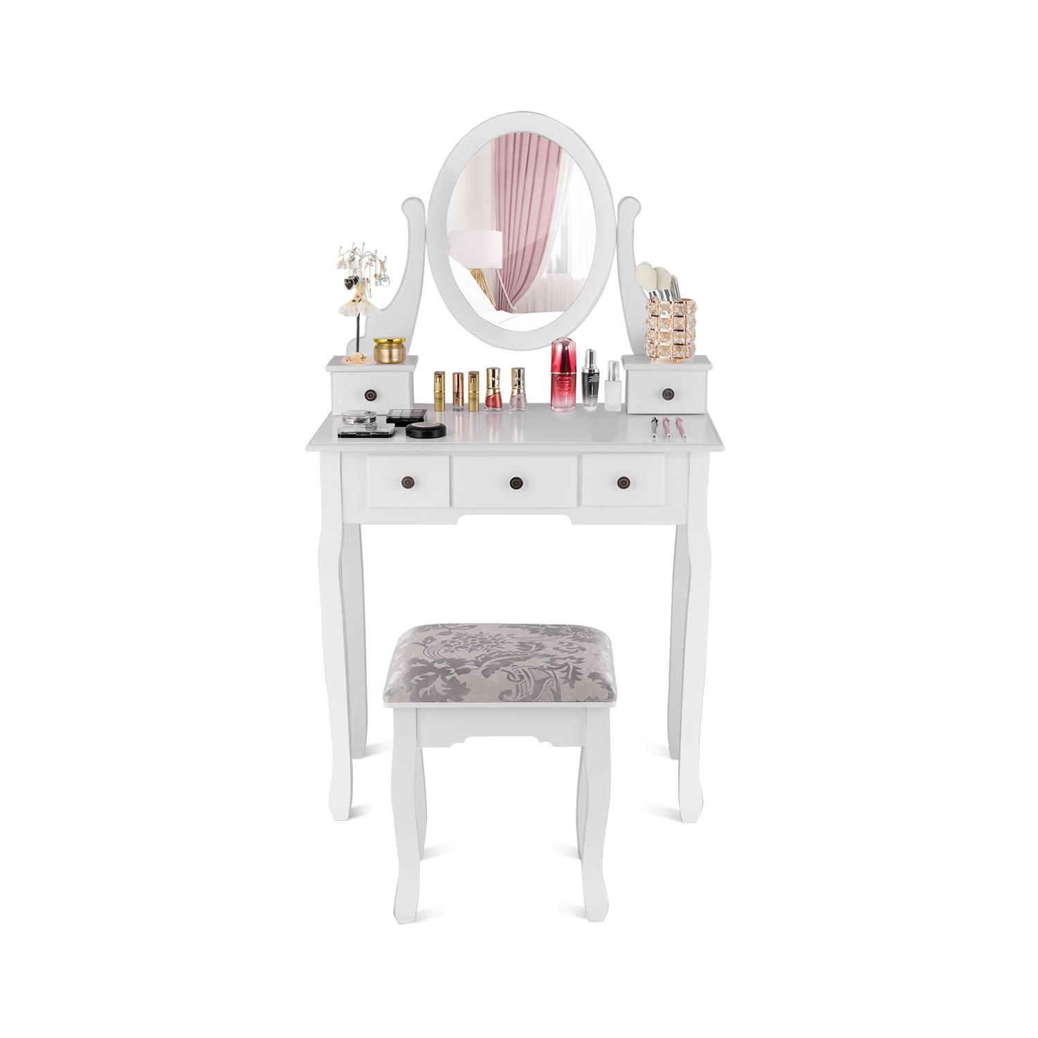 Bureau de maquillage Vanité Coiffeuse Ensemble avec tabouret miroir ovale 5 tiroirs de rangement