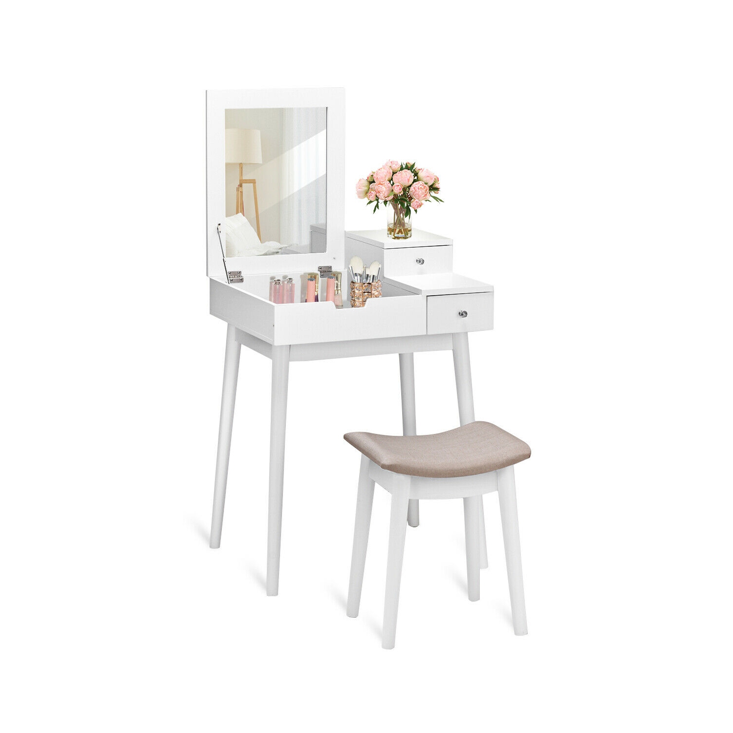 Costway Vanity Dressing Table Set Flip Mirror Desk Furniture Stool W/ 2 Drawer White