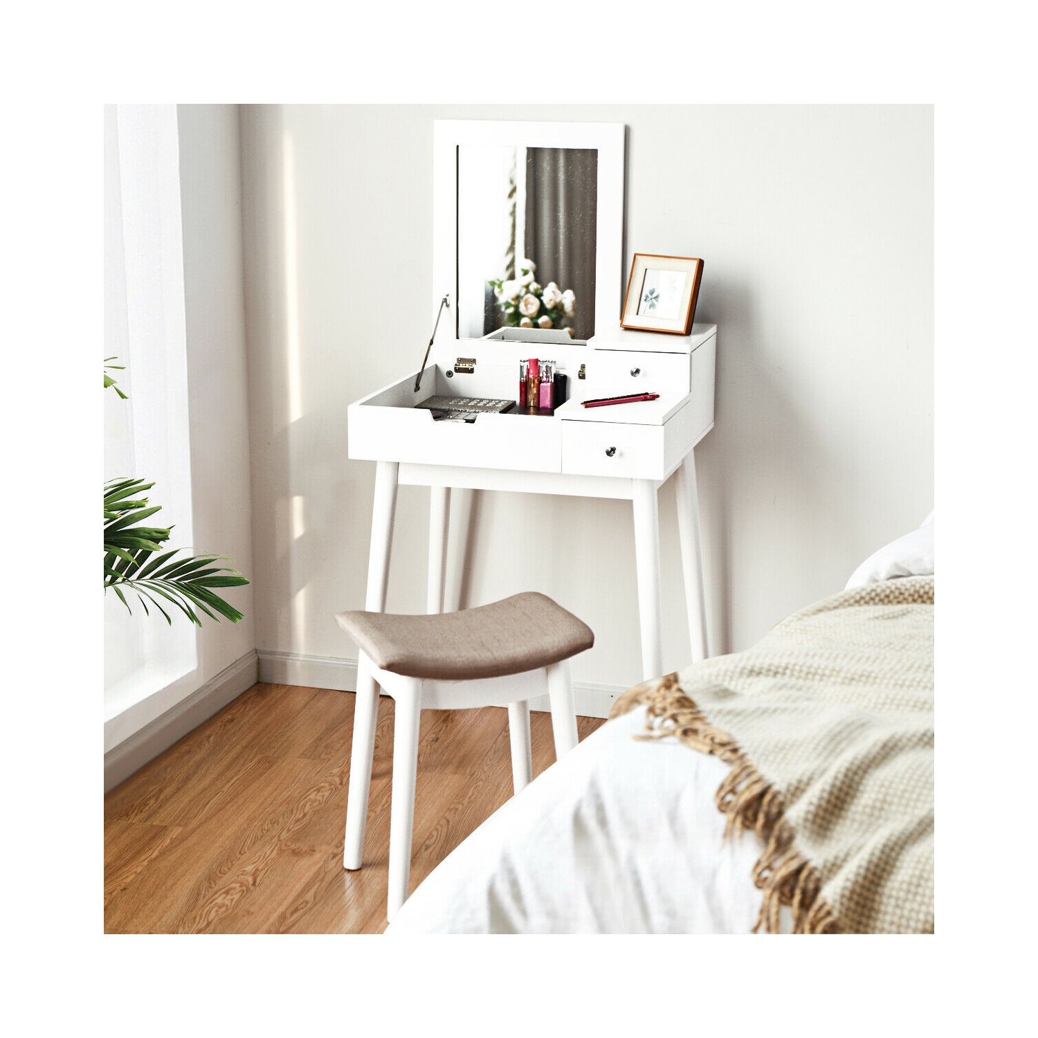 Costway Vanity Dressing Table Set Flip Mirror Desk Furniture Stool W/ 2 Drawer White