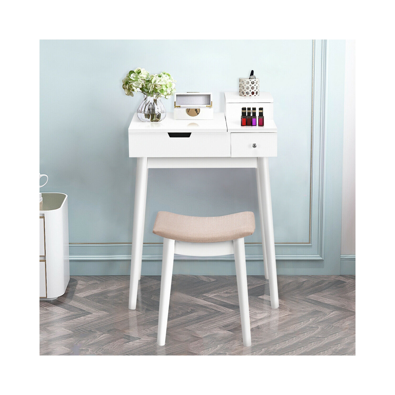 Costway Vanity Dressing Table Set Flip Mirror Desk Furniture Stool W/ 2 Drawer White