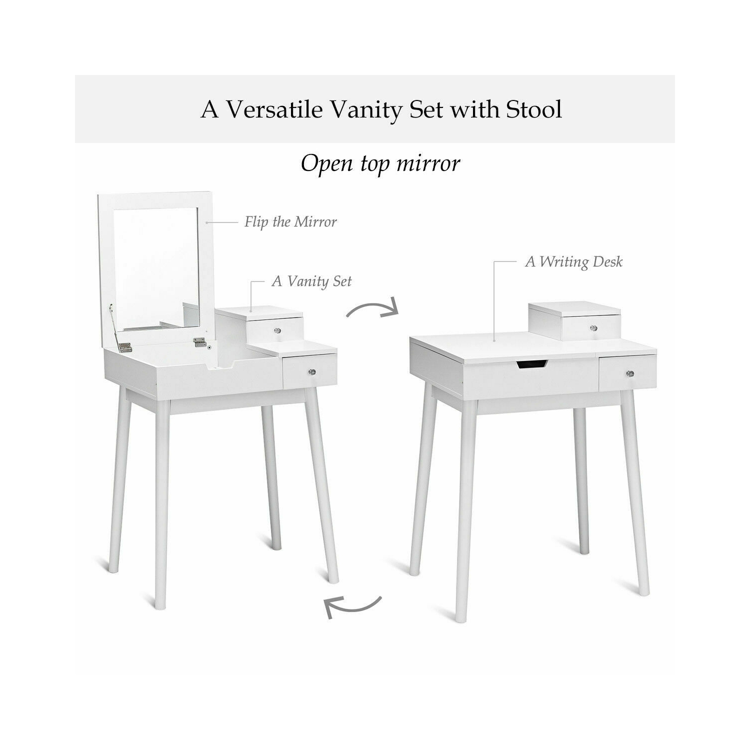 Costway Vanity Dressing Table Set Flip Mirror Desk Furniture Stool W/ 2 Drawer White