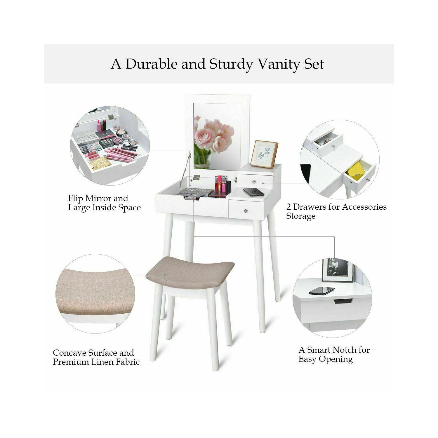 Costway Vanity Dressing Table Set Flip Mirror Desk Furniture Stool W/ 2 Drawer White