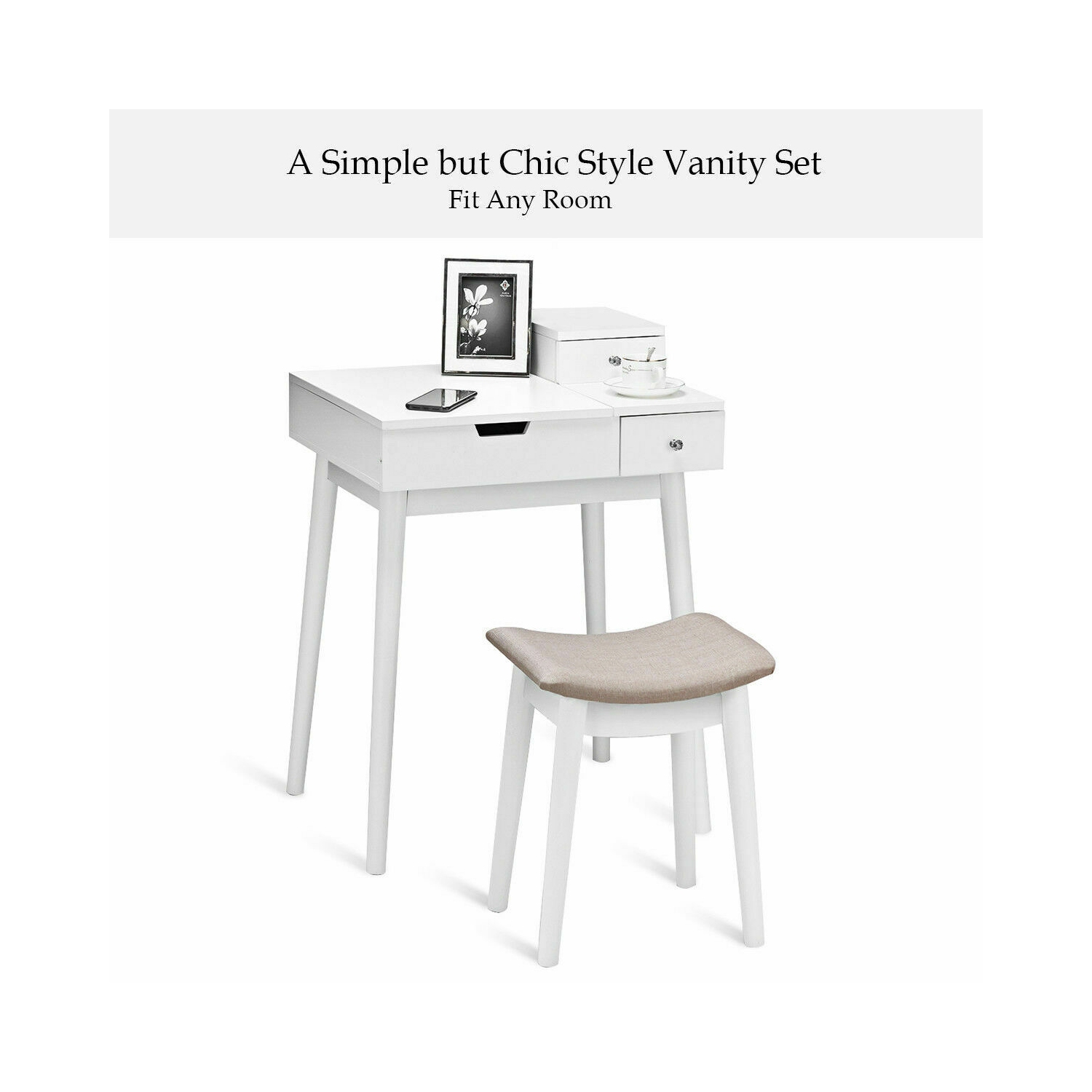 Costway Vanity Dressing Table Set Flip Mirror Desk Furniture Stool W/ 2 Drawer White