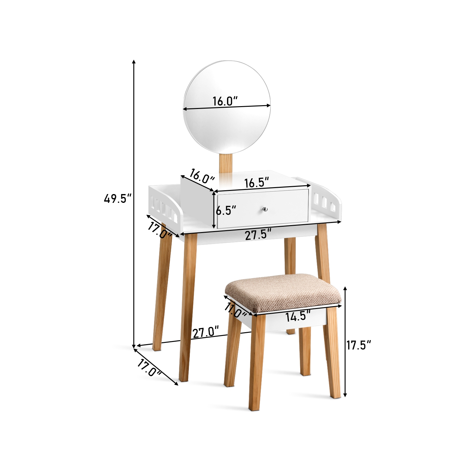 COSTWAY Coiffeuse,Table de Maquillage en Bois avec Miroir Rond Hauteur Réglable Tabouret et Grand Tiroir 70 x 43 x 125,5CM