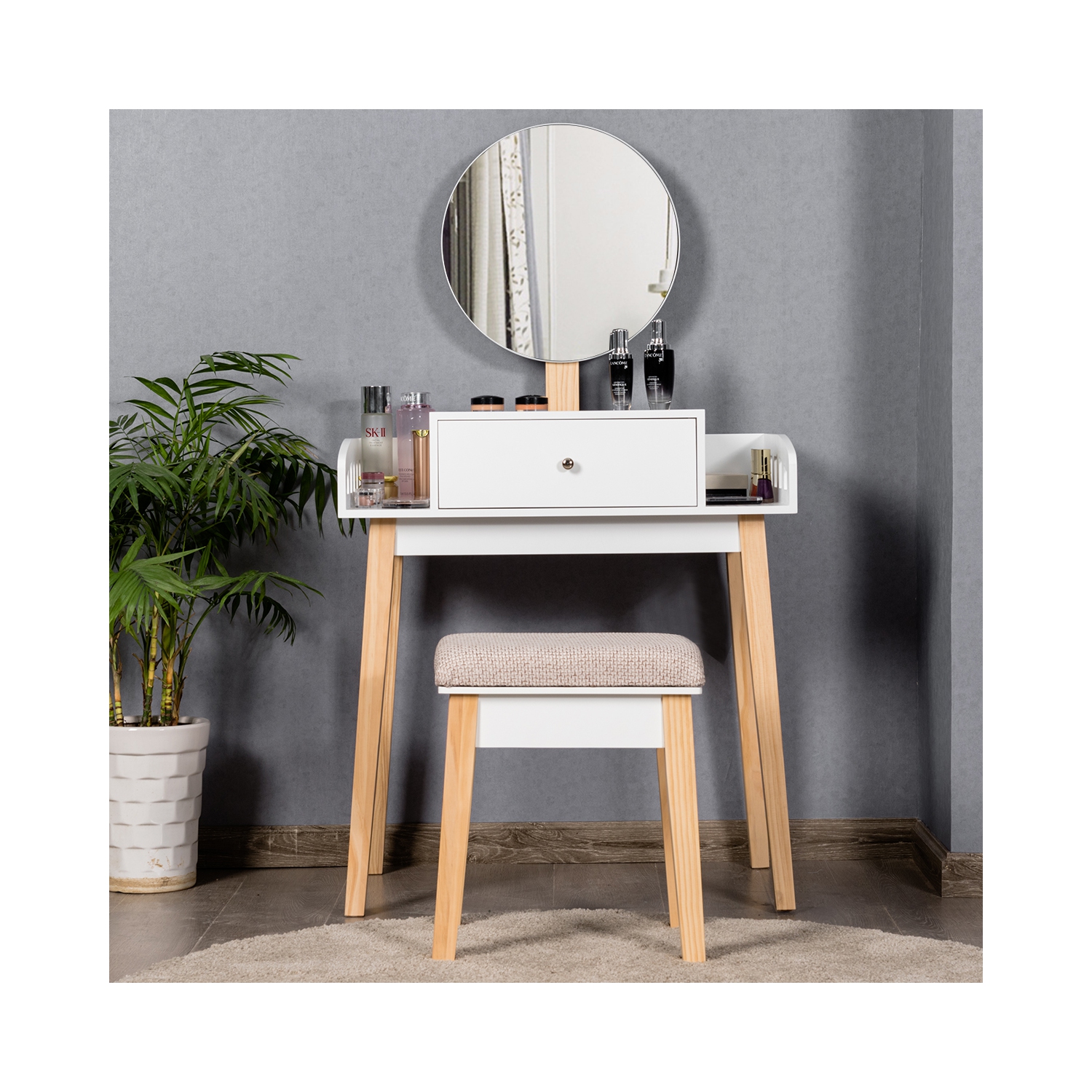 COSTWAY Coiffeuse,Table de Maquillage en Bois avec Miroir Rond Hauteur Réglable Tabouret et Grand Tiroir 70 x 43 x 125,5CM