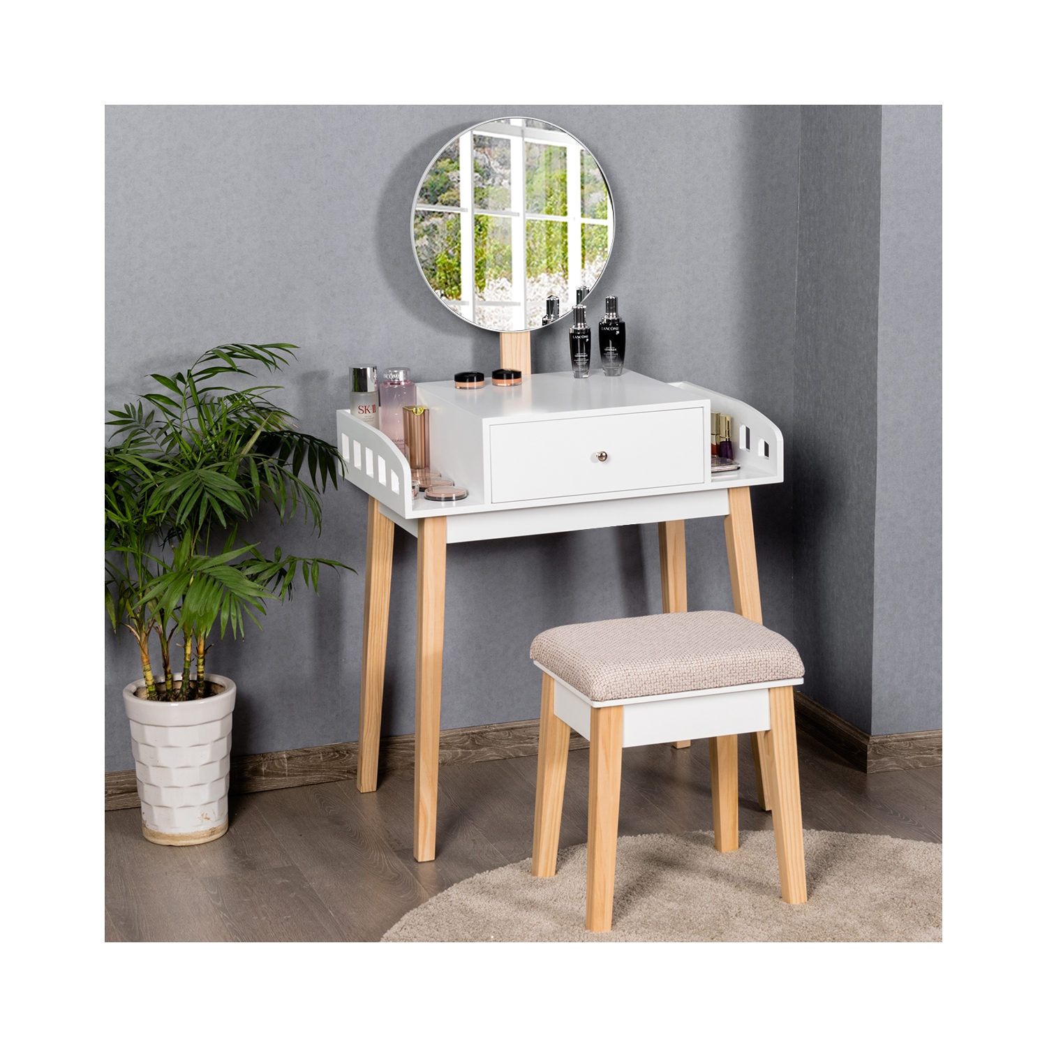 COSTWAY Coiffeuse,Table de Maquillage en Bois avec Miroir Rond Hauteur Réglable Tabouret et Grand Tiroir 70 x 43 x 125,5CM