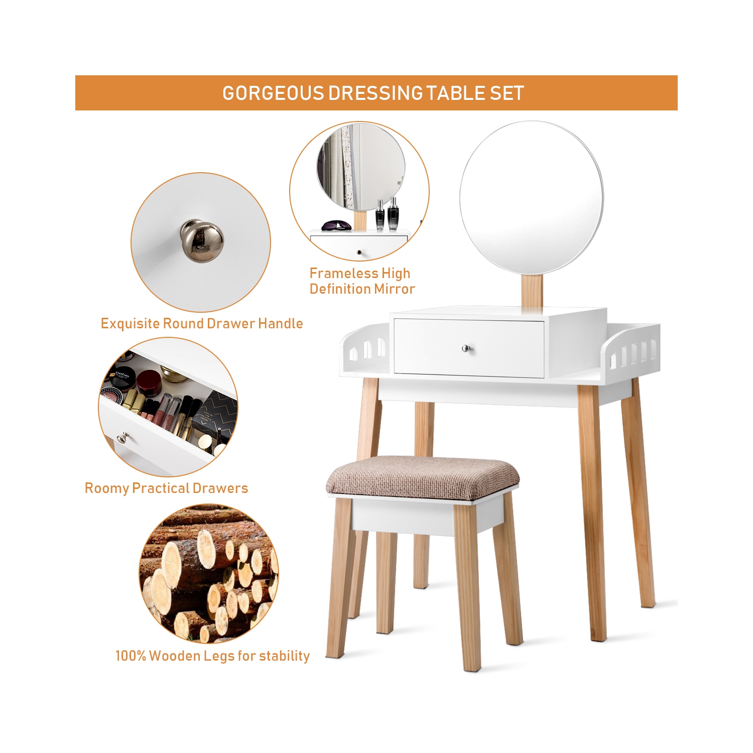 COSTWAY Coiffeuse,Table de Maquillage en Bois avec Miroir Rond Hauteur Réglable Tabouret et Grand Tiroir 70 x 43 x 125,5CM