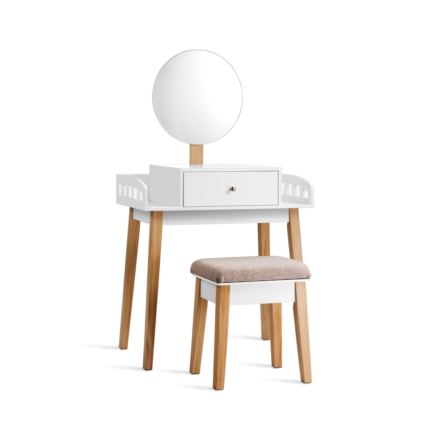 COSTWAY Coiffeuse,Table de Maquillage en Bois avec Miroir Rond Hauteur Réglable Tabouret et Grand Tiroir 70 x 43 x 125,5CM