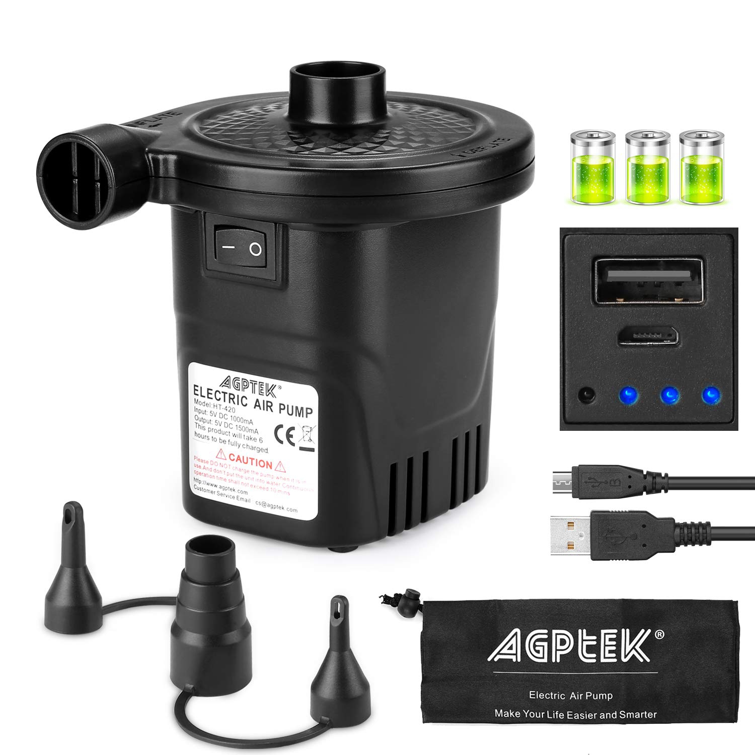 Rechargeable Air Pump, AGPtEK Electric Air Pump Quick-Fill Inflator & Deflator with 3 Nozzles