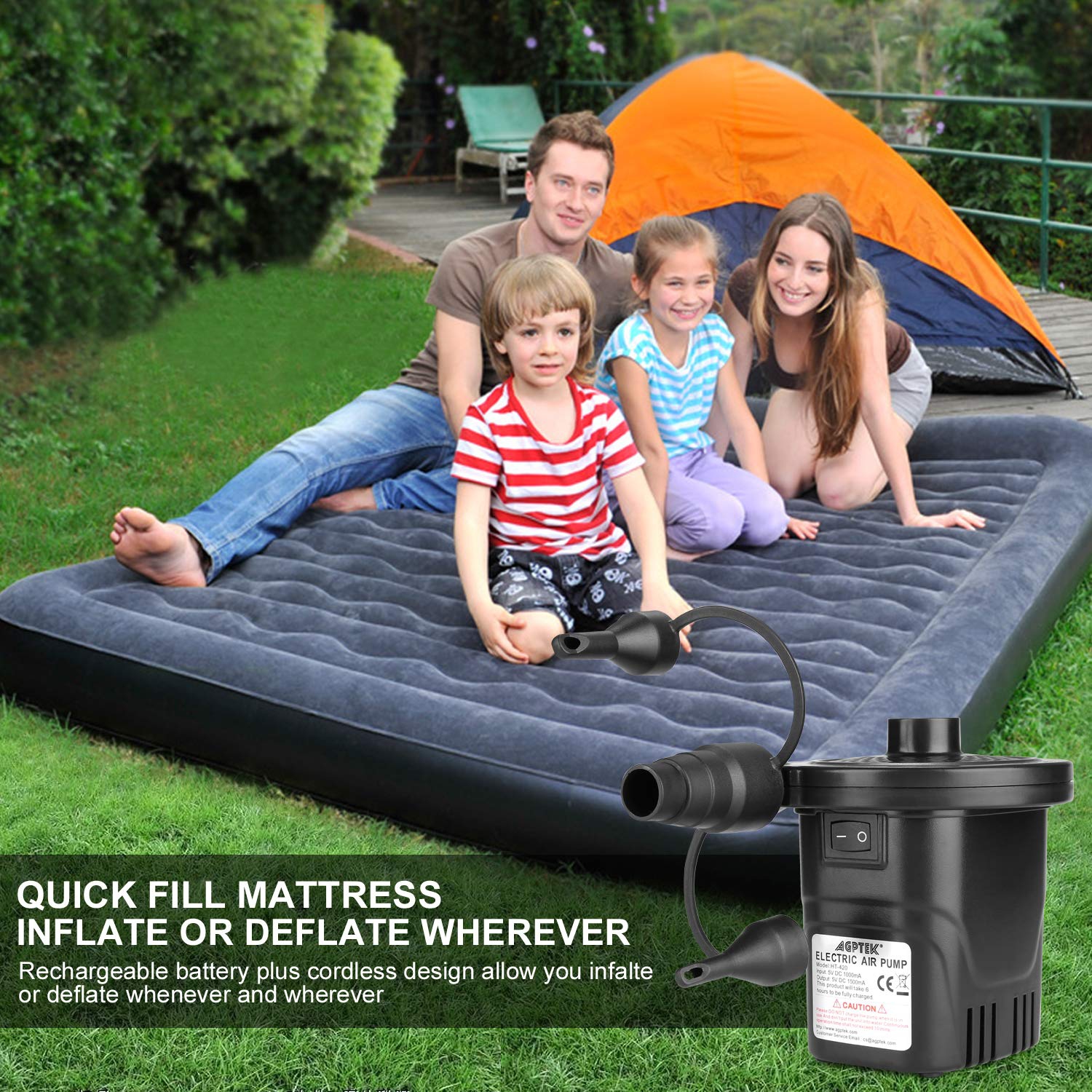 Rechargeable Air Pump, AGPtEK Electric Air Pump Quick-Fill Inflator & Deflator with 3 Nozzles