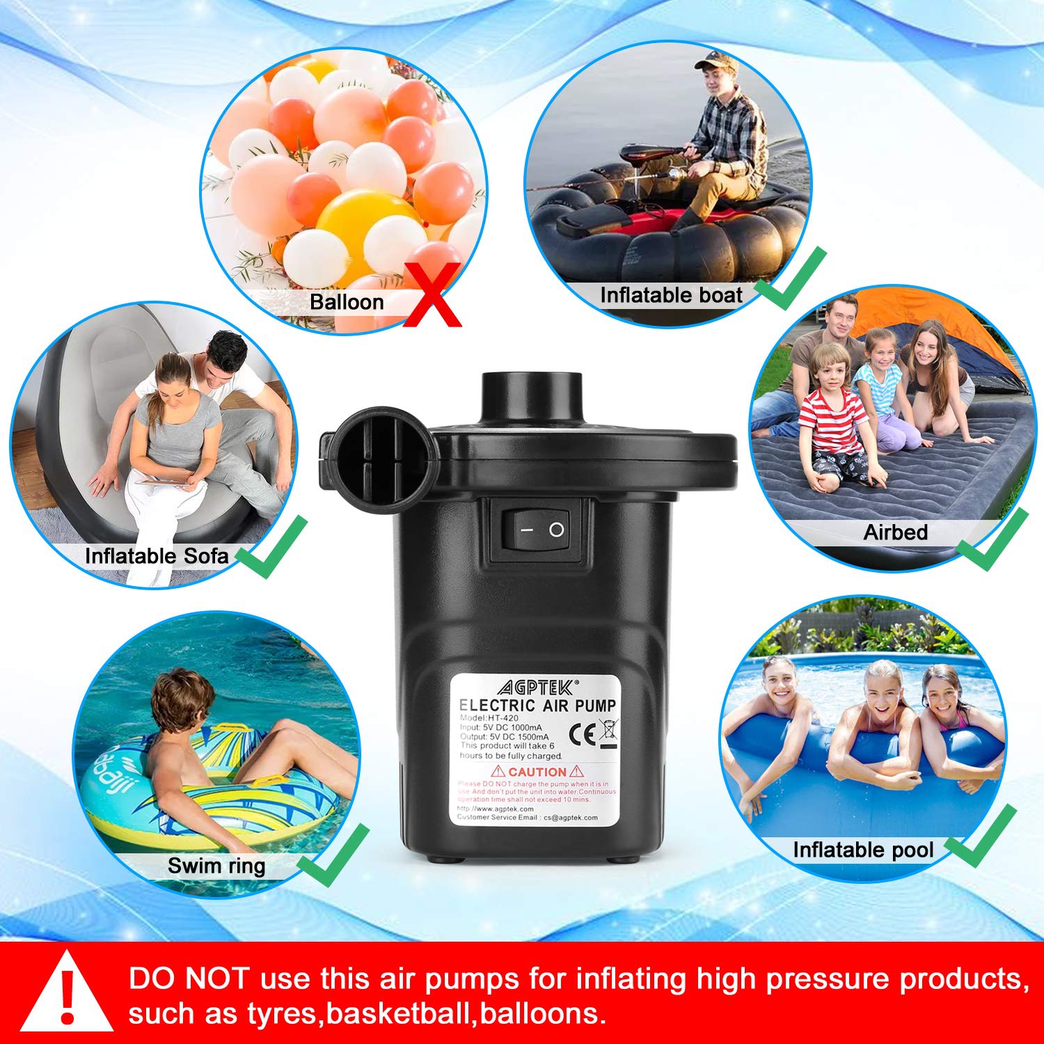 Rechargeable Air Pump, AGPtEK Electric Air Pump Quick-Fill Inflator & Deflator with 3 Nozzles