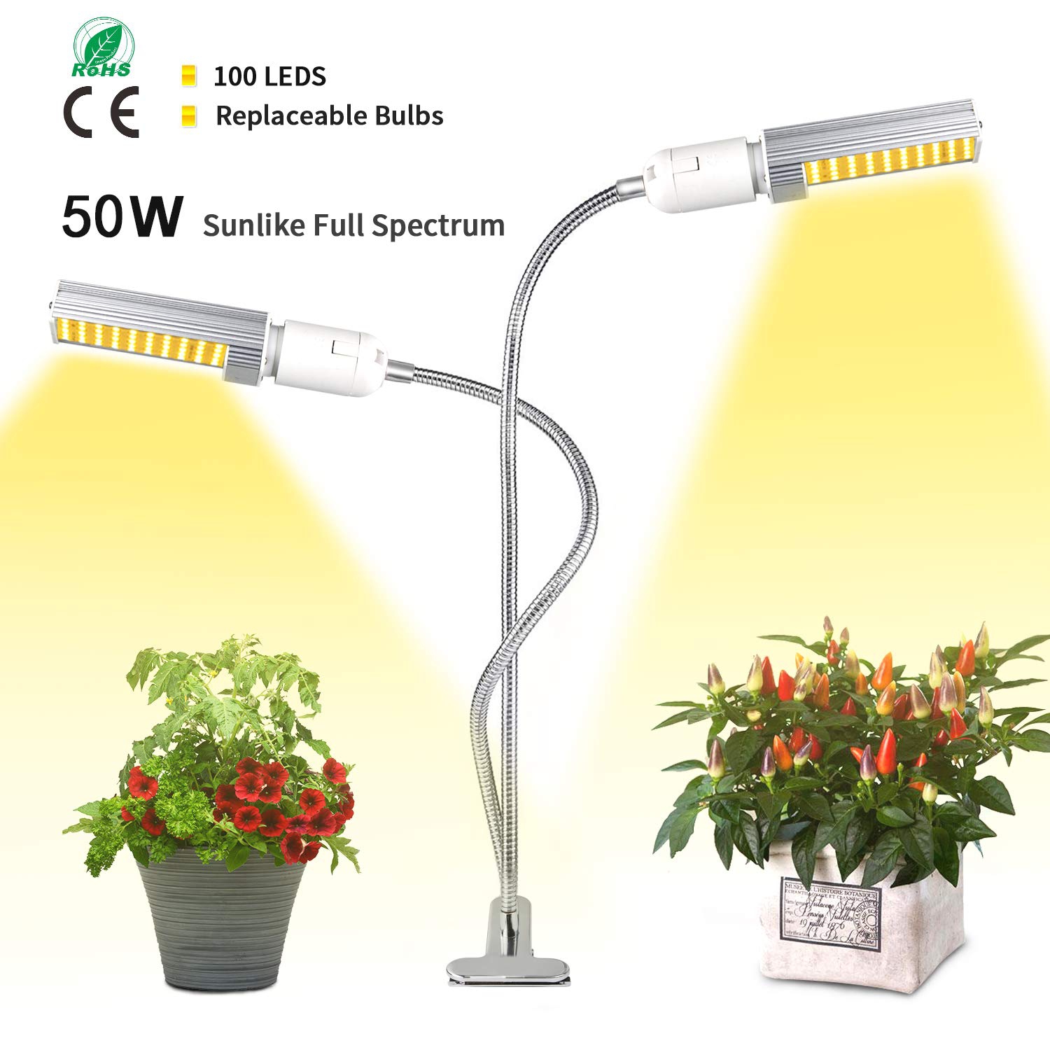50W & 100 LED Growth Lamp- Full Spectrum, 2-Switch, 360 Degree Flexible Gooseneck, For Indoor Greenhouse Plants