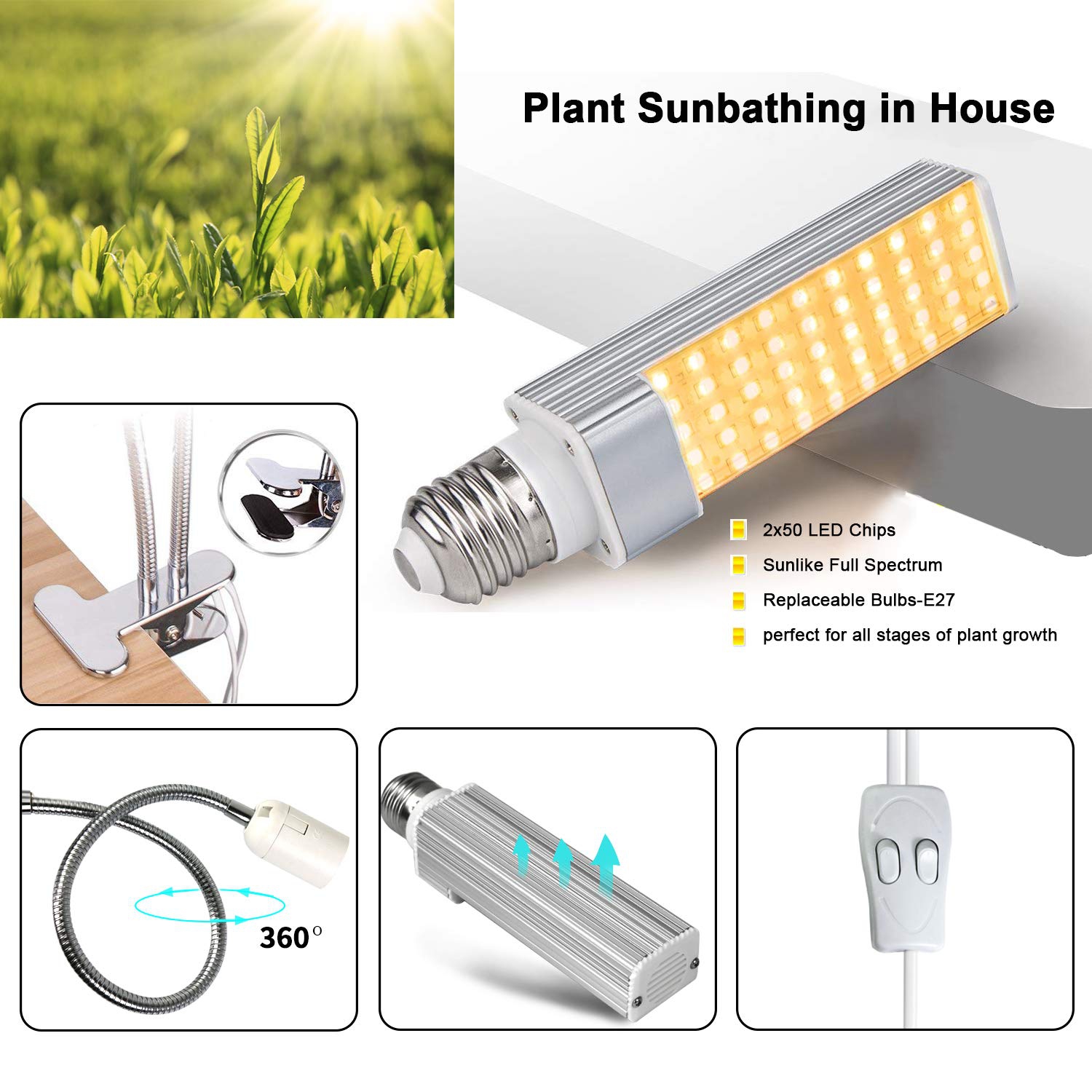 50W & 100 LED Growth Lamp- Full Spectrum, 2-Switch, 360 Degree Flexible Gooseneck, For Indoor Greenhouse Plants