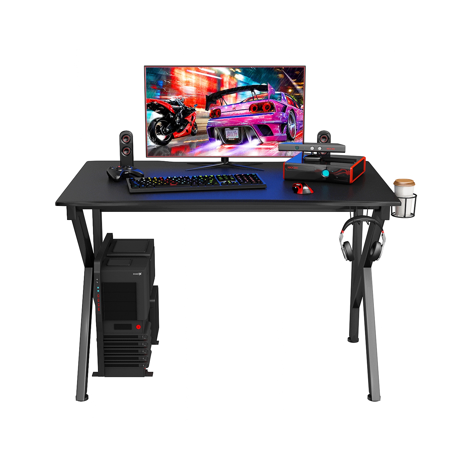Costway Gaming Computer Desk - Gamers Table - E-Sports - K-Shaped Legs w/ Cup Holder & Headphone Hook - Black