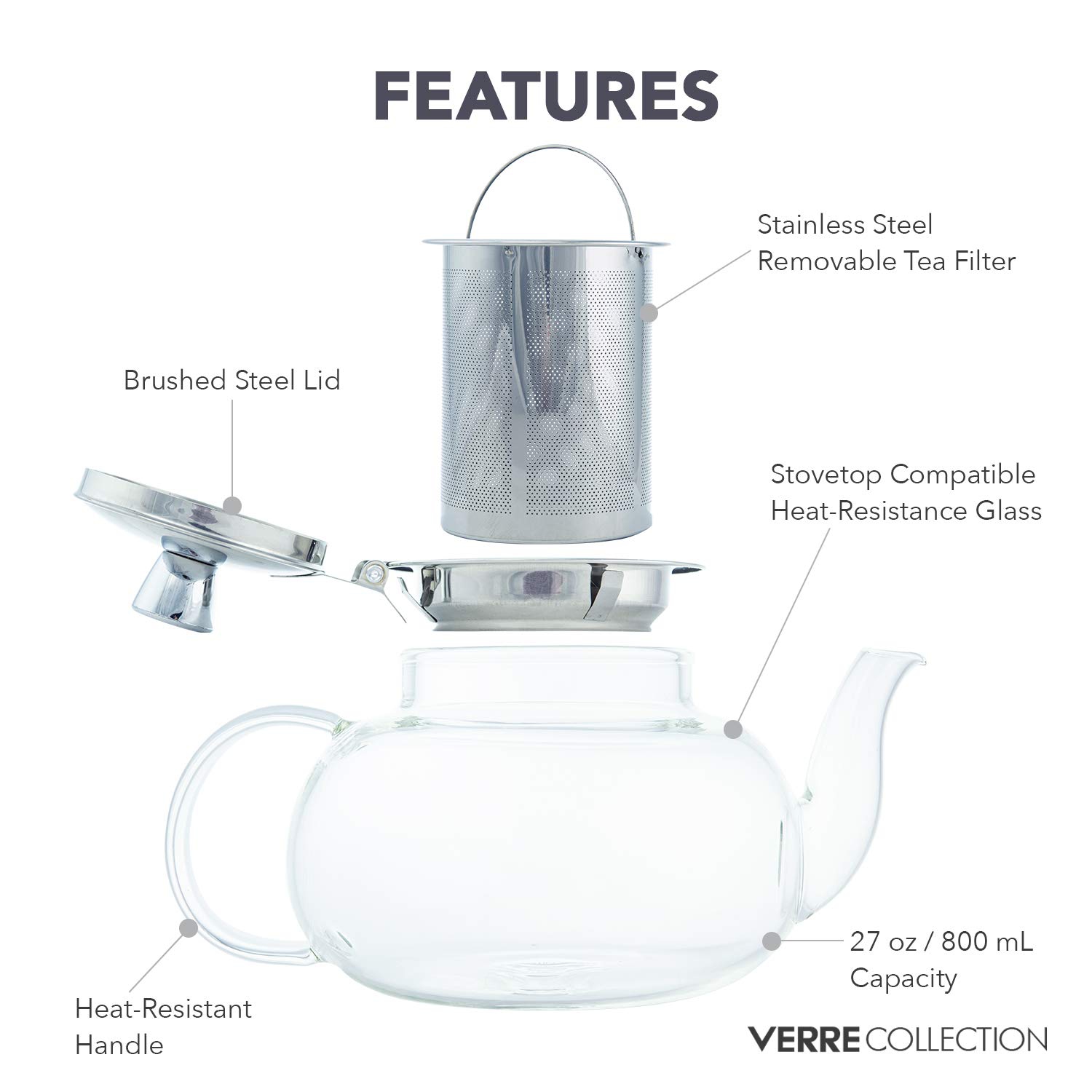 Verre Collection Teapot Stovetop Glass Kettle with Stainless Steel Removable Infuser, Loose Leaf Tea