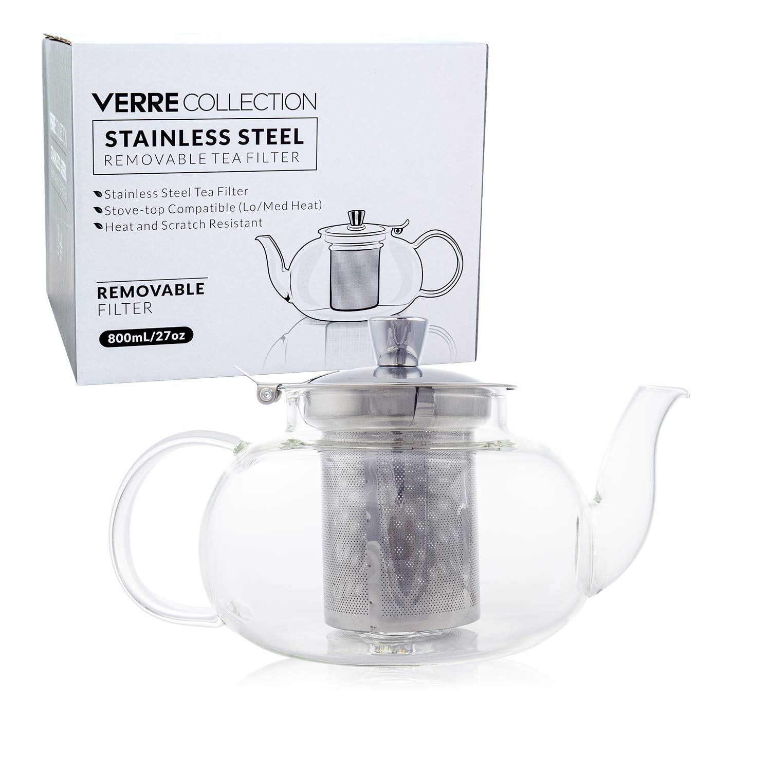 Verre Collection Teapot Stovetop Glass Kettle with Stainless Steel Removable Infuser, Loose Leaf Tea