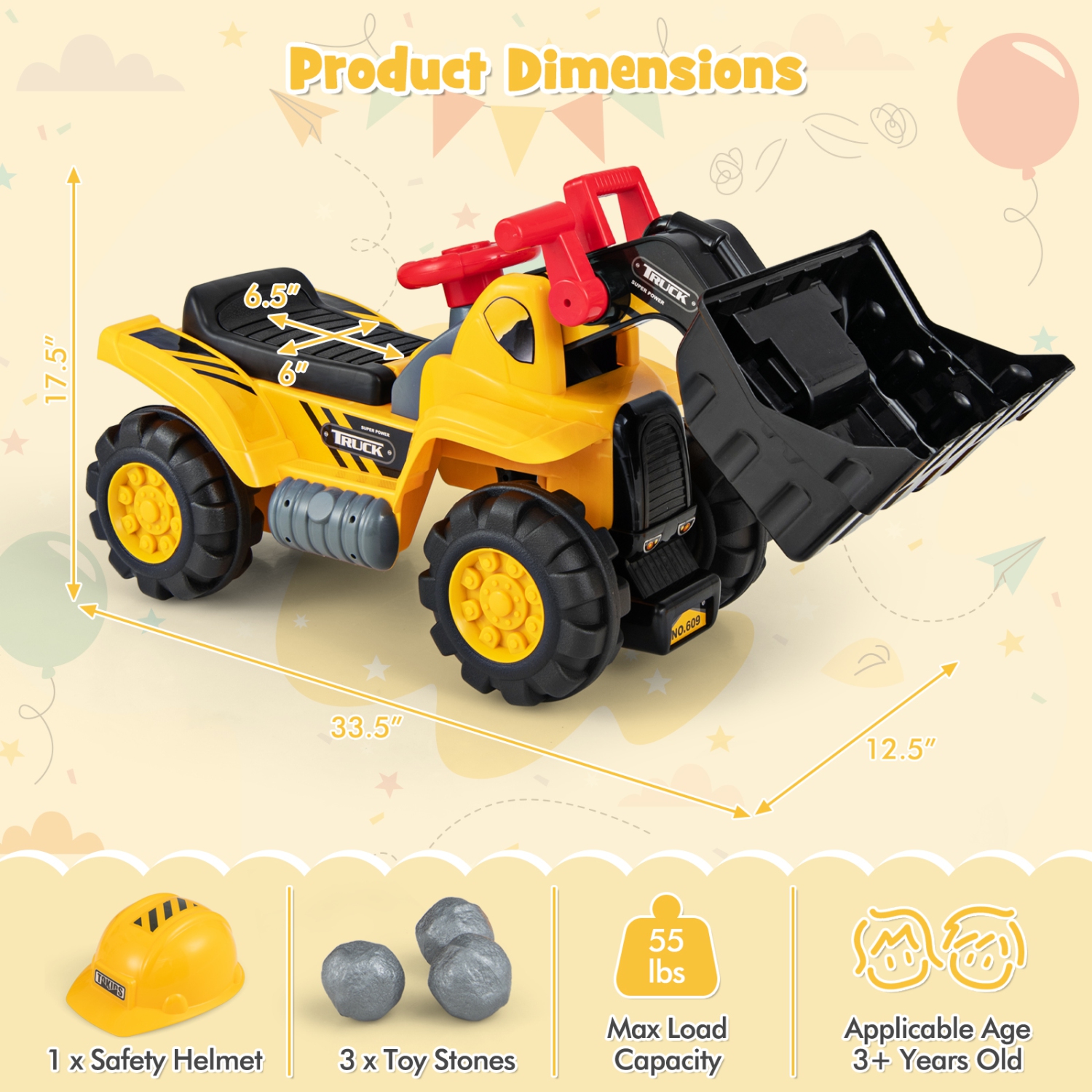 Costway Kids Ride on Excavator with Realistic Sound Effects Big Bucket 3 Toy Stones Helmet
